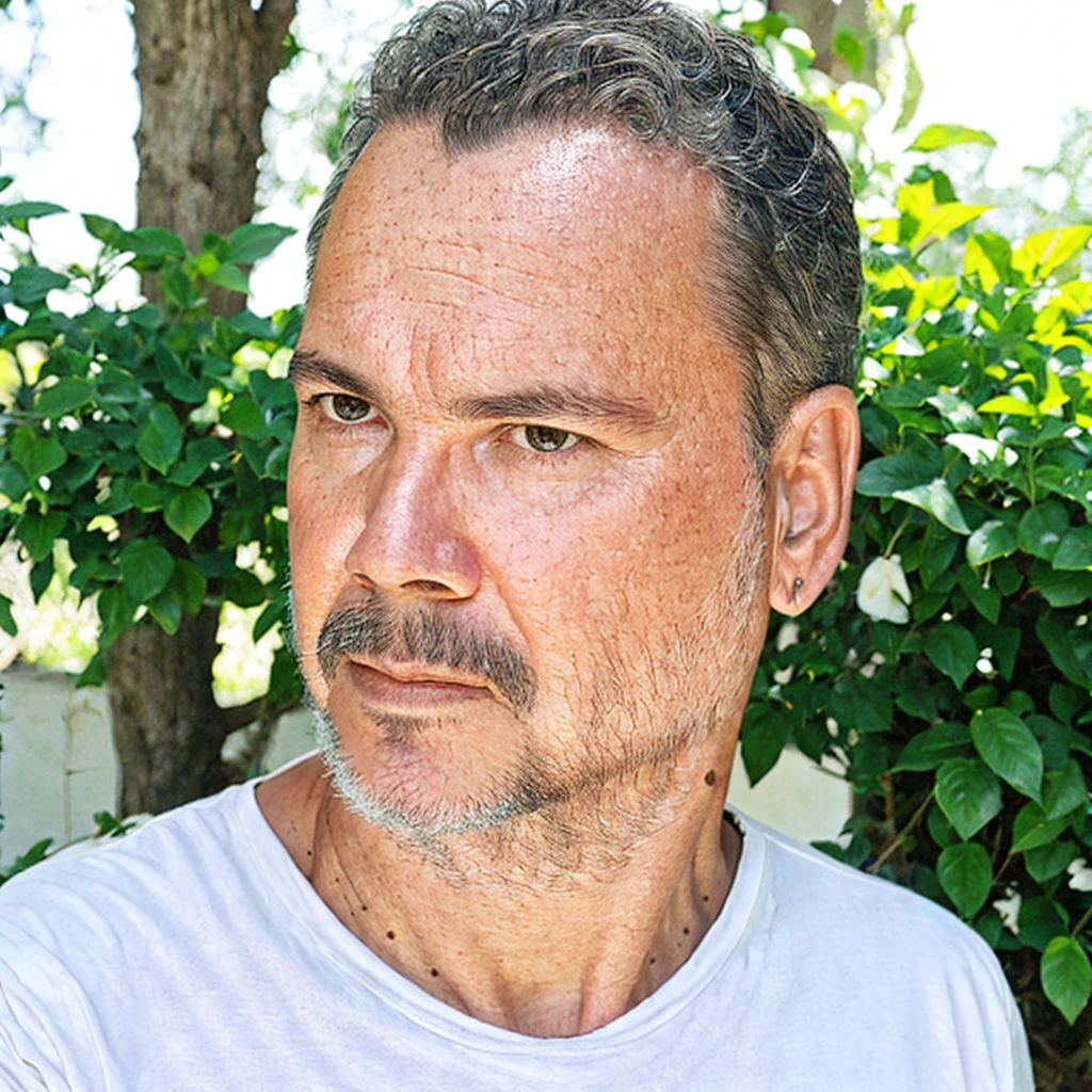 close-up, 50yo man (short hair, facial hair), white T-shirt, in a beautiful garden, lookig at viewer, (masterpiece, best quality:1.2), realistic, photorealistic, HDR, 8K, 16K, solo