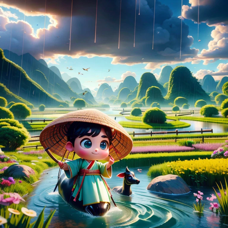 It rains heavily during the Qingming Festival, and a cute little Chinese boy, wearing a light-colored Hanfu and a straw hat, rides on the back of a black cow, playing the flute, from Bubble Mart.He was in a field, with rivers and meadows in the distance, mountains in the distance, birds circling in the sky, and lush greenery.The characters are in a Disney-Pixar style, with watery eyes and bright colors.Using ray tracing, octane rendering technology, wide-angle field of view, clay materials, and animated lights.3D production, using C4D, OC rendering, and blender software, based on IP authorization