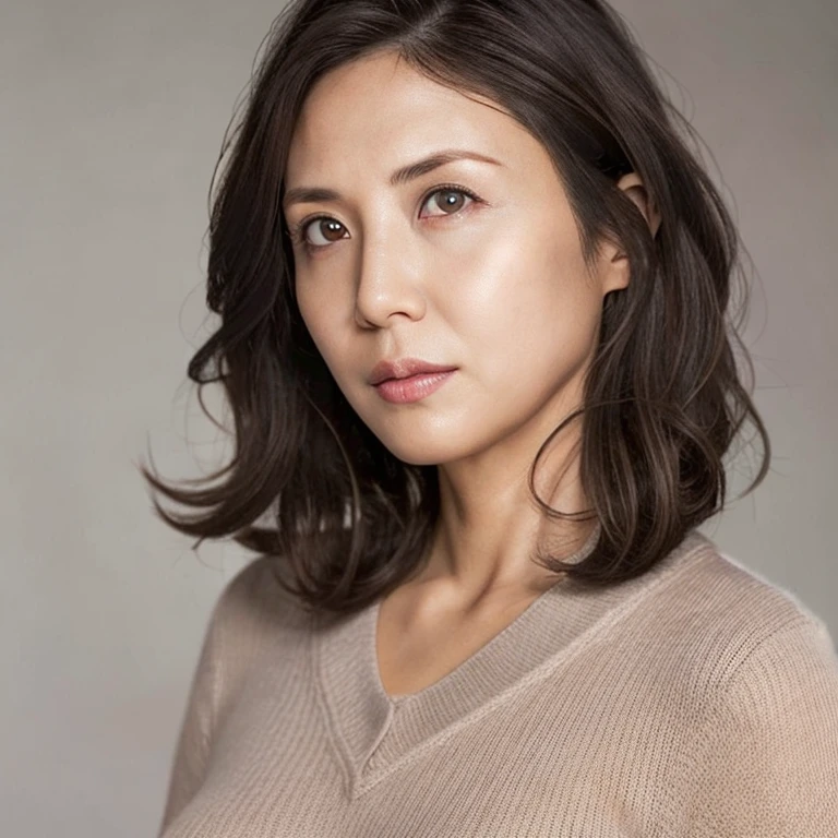 High resolution, High level image quality, high detail, masterpiece, gray background, 1girl, ((japanese mature, 50 years old)), solo, ((facial wrinkles)), good shape big breasts, brown hair,(((stand upright, facing the center of the screen.))), Close your mouth and look straight ahead with a serious face, sweater, skirt, ((cowboy shot)),