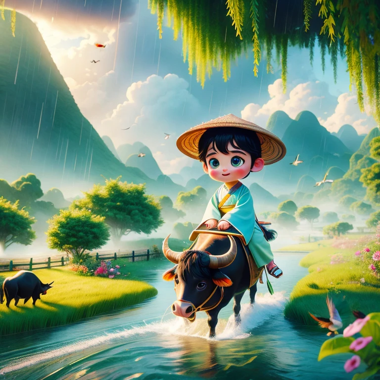 It rains heavily during the Qingming Festival, and a cute little Chinese boy, wearing a light-colored Hanfu and a straw hat, rides on the back of a black cow, playing the flute, from Bubble Mart.He was in a field, with rivers and meadows in the distance, mountains in the distance, birds circling in the sky, and lush greenery.The characters are in a Disney-Pixar style, with watery eyes and bright colors.Using ray tracing, octane rendering technology, wide-angle field of view, clay materials, and animated lights.3D production, using C4D, OC rendering, and blender software, based on IP authorization