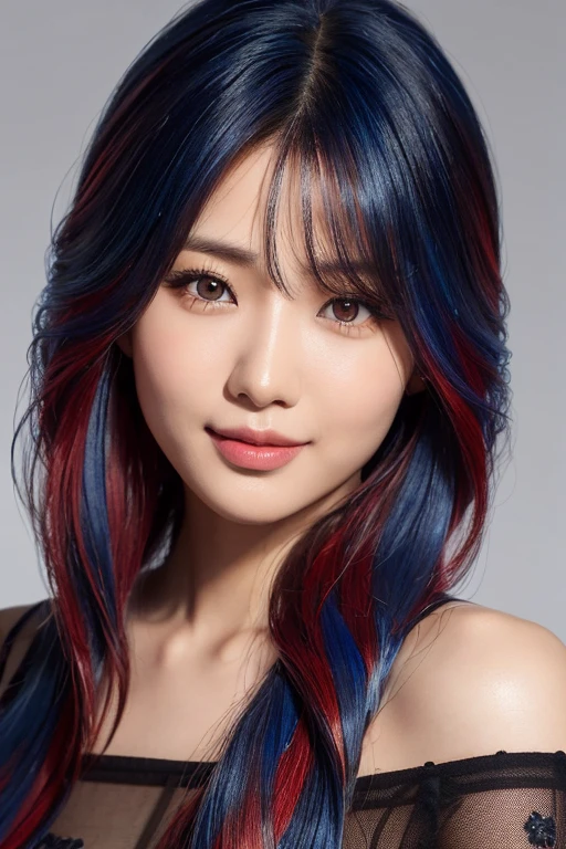 one realistic korean model , hair model, Unique hair details, messy shoulder length hair, Long fringe hair, Wolfcut hairstyle, Blue and red gradient hair color, big happy smile with theeth, Makeup with red plum lips, rosy checks and smoky eyes, Piercing of bird feathers up to the shoulder, Near future , double eyelid