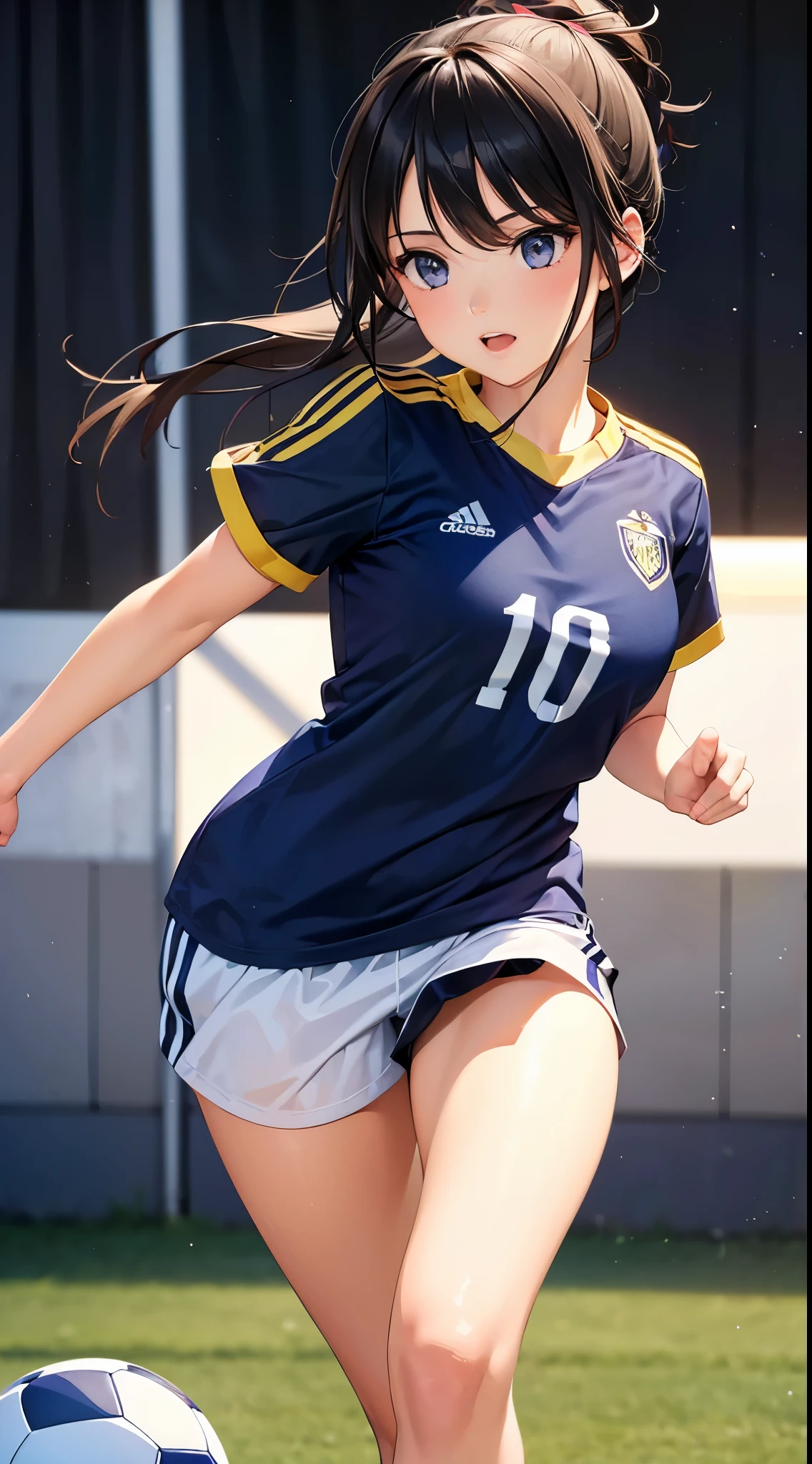 (((1 girl))), masterpiece, highest quality, Super realistic 8kCG, perfect artwork, perfect woman image, dramatic shadow, perfect hands, ((cute face)), beautiful face, beautiful girl, playing soccer,Female Soccer Players,Kicking a soccer ball