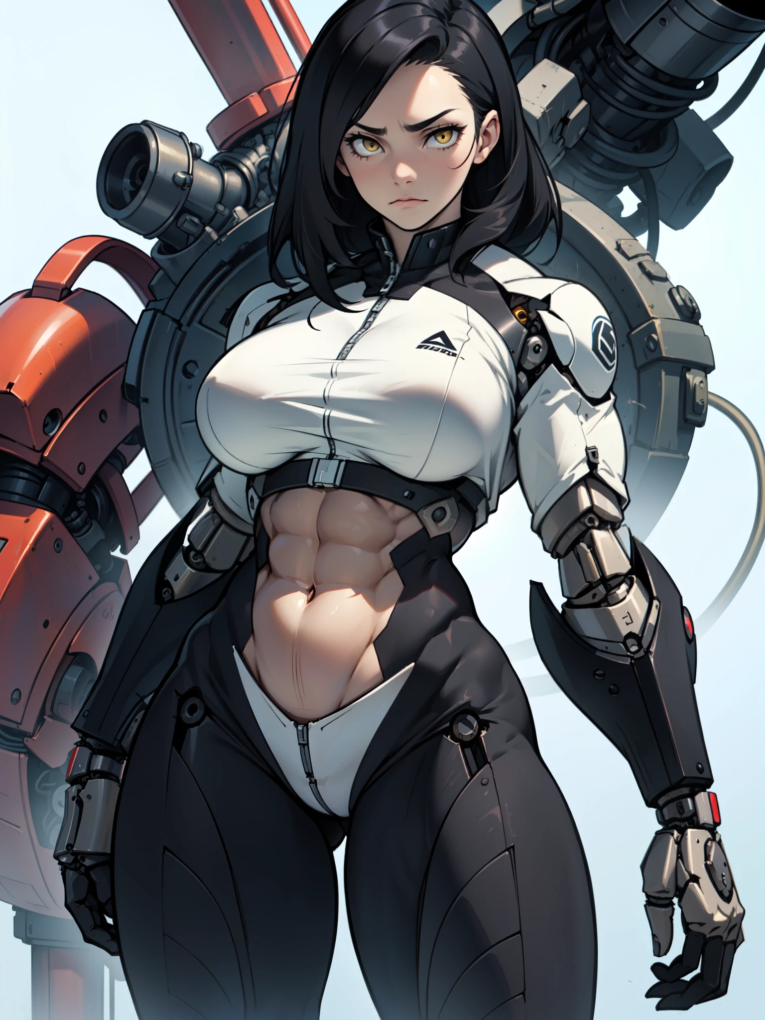 sad girl (((muscular girl large breasts thick toned body mechanical girl))) pale skin black hair yellow eyes sad thin waist long abs girl skintight (((large breasts thick toned muscular body mechanical girl))) solo solo solo
