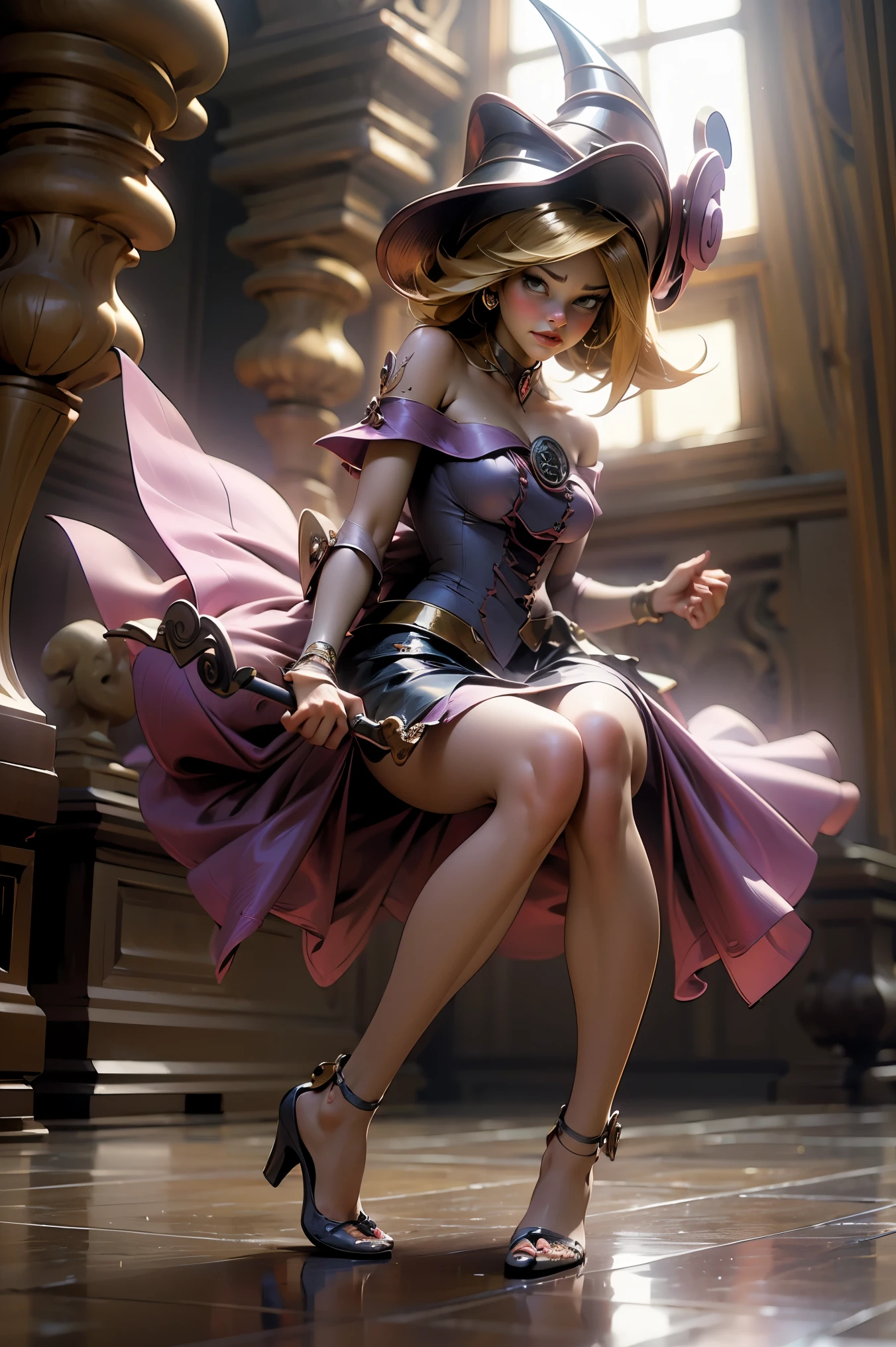 (obra maestra:1.2), (La mejor calidad:1.2), perfect lighting, Chica Maga Oscura lanzando un hechizo, en batalla. flotando en el aire, tetas medianas visibles, escote transparente, bata azul, sombrero grande, desde arriba, Destellos, Yugioh juego, The magic of the heart. LIGHTS OF THE HEART, Romantic heart. Ella usa tacones. Tiene tacones. Usa tacones