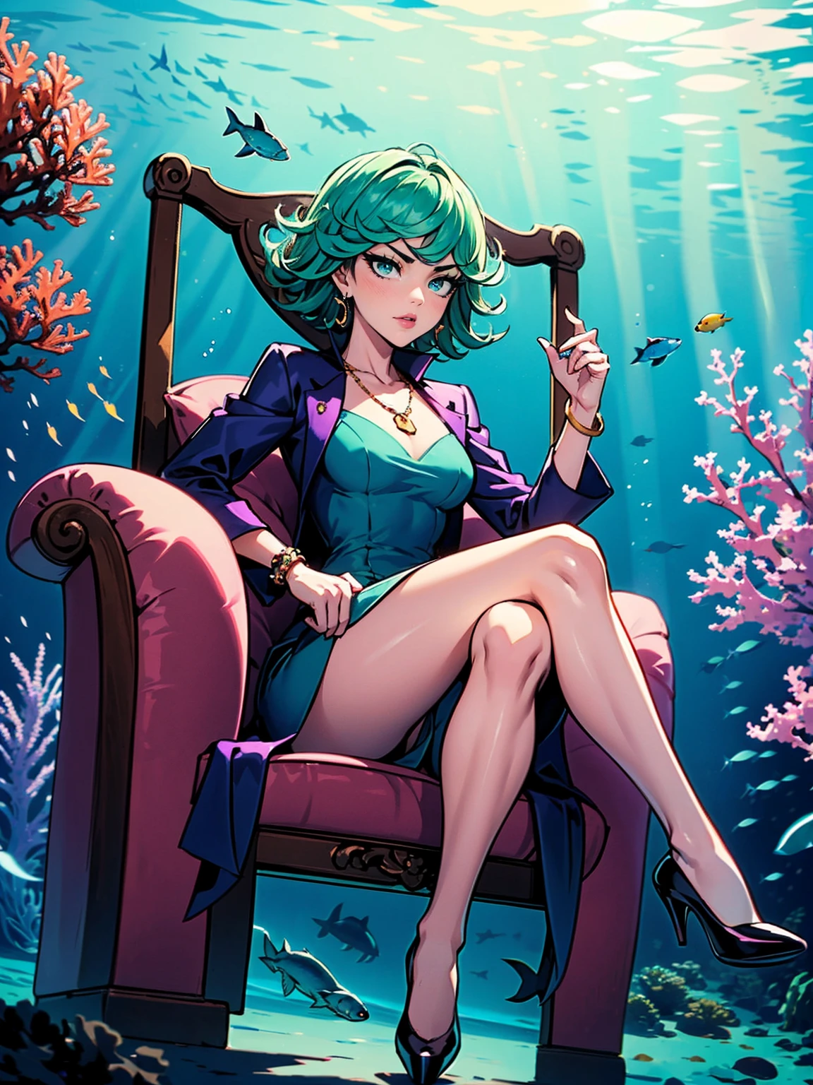 ((1girl, solo ,alone, tatsumaki, green hair, green eyes, small breasts, short hair, fitness, short stature)), ((solo, 1woman, pink lipstick, Extremely detailed, ambient soft lighting, 4k, perfect eyes, a perfect face, perfect lighting, a 1girl)), austere, ((sitting on a throne, ((legs crossed, high heels, underwater, submerged in the ocean, deep sea, sea creatures, aqua)), sitting on her throne under; water, sea queen, mu yanling, Krenz Cushart and Artgerm, ((fish, coral)), shark, turtle, algae)), ((long dress, elegant dress , formal lavender blue dress, (Lavender Blue dress), bracelets, ruby earrings, gold necklace, diamond, sovereign))