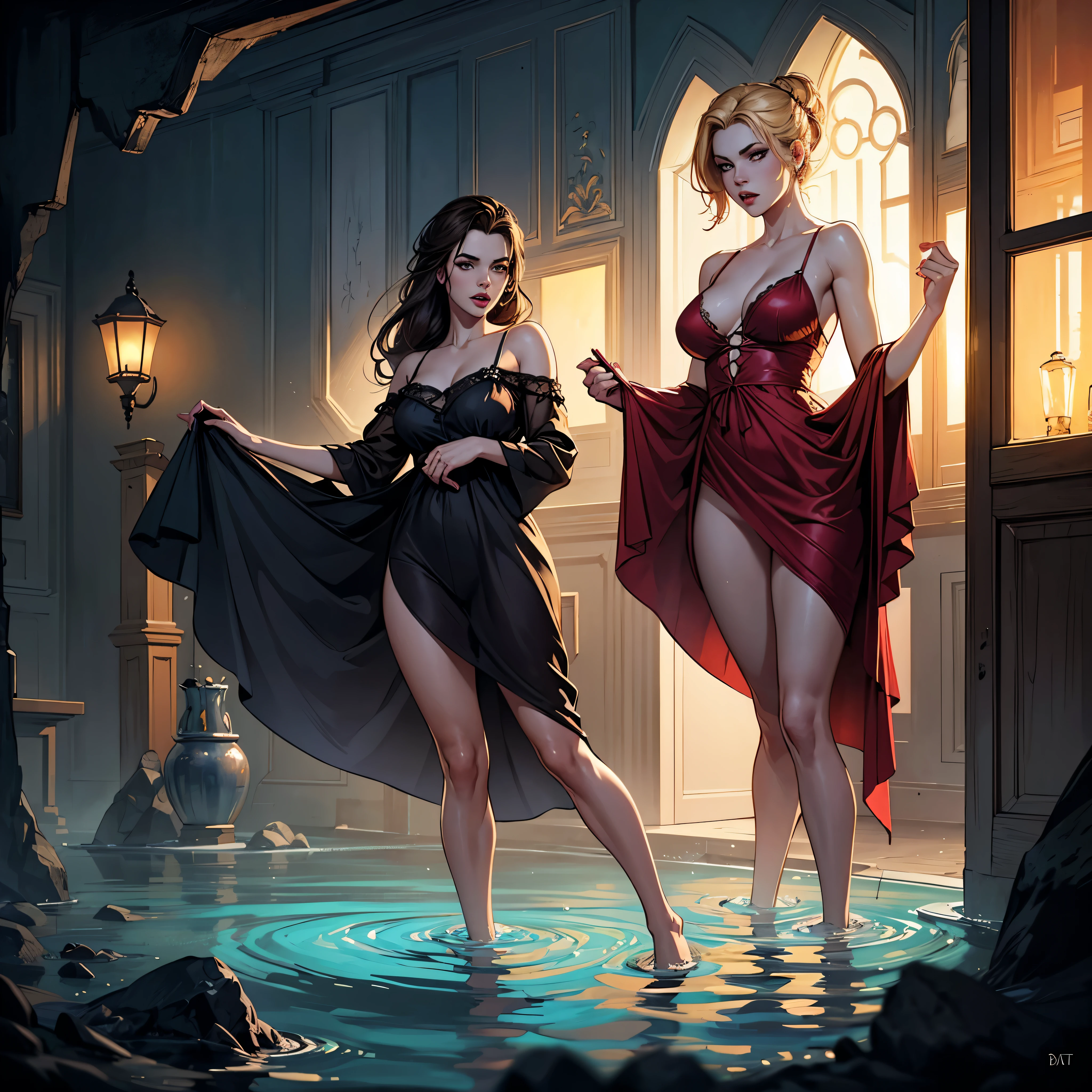 ((Night)) ((a deserted lake)) 3 Vampire women, (full body), 1 brunette, 1 blonde, 1 redhead, pale skin, fangs bared, sexy pale nightgown, looking at viewer, rises out of the water, soaking wet. style of a painted book illustration, dramatic lighting, (depth of field), ((masterpiece)), ((best quality)), ((highly detailed))