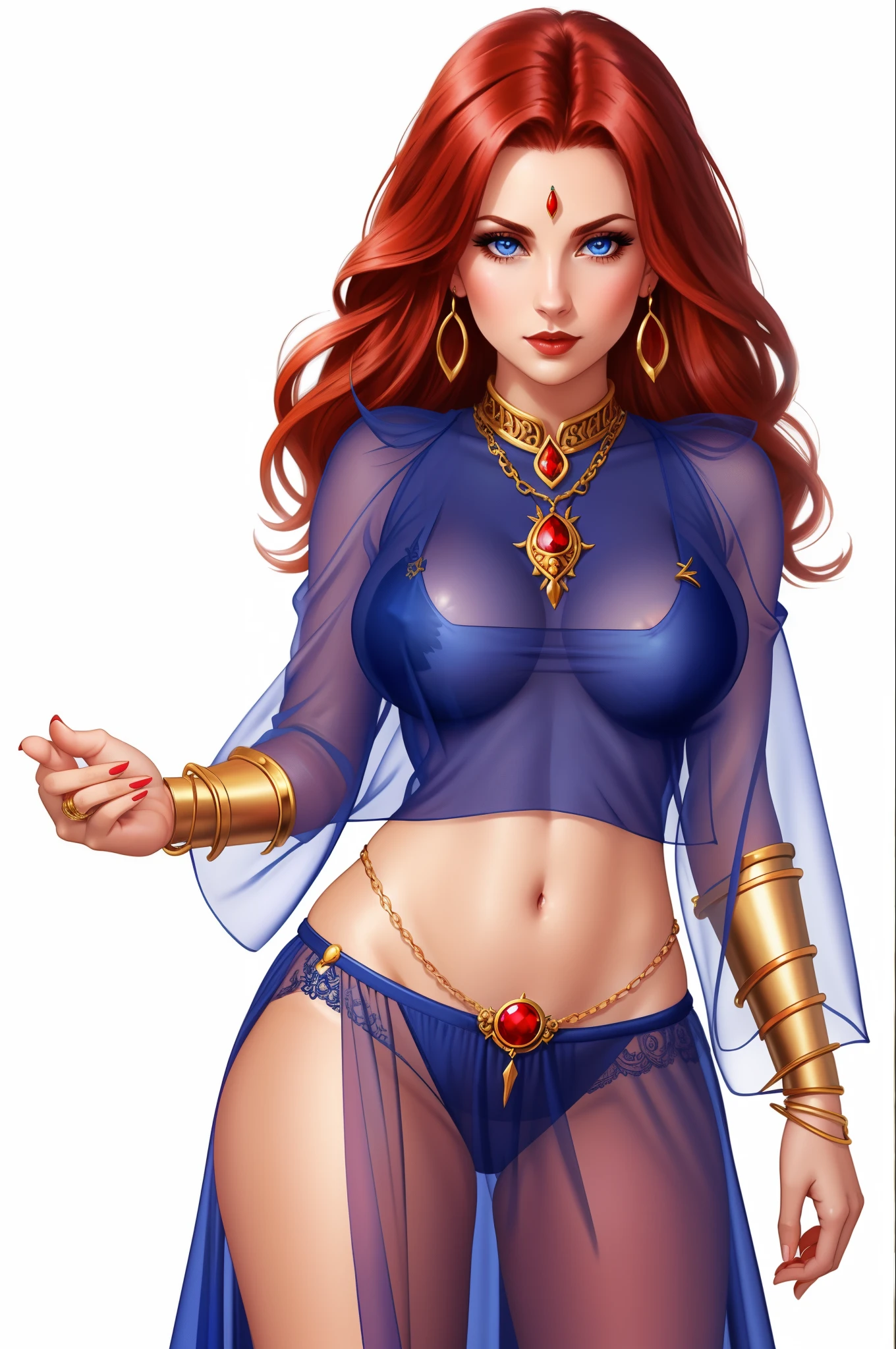 gorgeous woman, sorceress, naked, red hair, blue eyes, large breasts, gold nipple chain, piercing, navel piercing, see through blue loincloth, see through blue shirt, red pubic hair