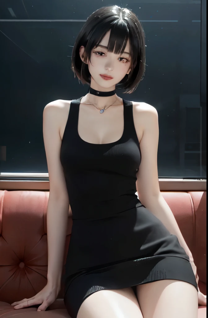 1 Are standing女性, /(Sleeveless knit shirt/) /(black hair/) bangs, A gentle smile with a blush, (highest qualityのmasterpiece:1.2) Delicate illustrations super detailed, Big breasts BREAK /(modern house living room/)、masterpiece, go-getter, ((highest quality)), disorganized, perfect anatomy, Tae Takemi, (small smile), necklace, choker, dress, (big breasts:1.3), No bra, defined abdomen, white clothes, Are standing, doctor office background, sexy pose