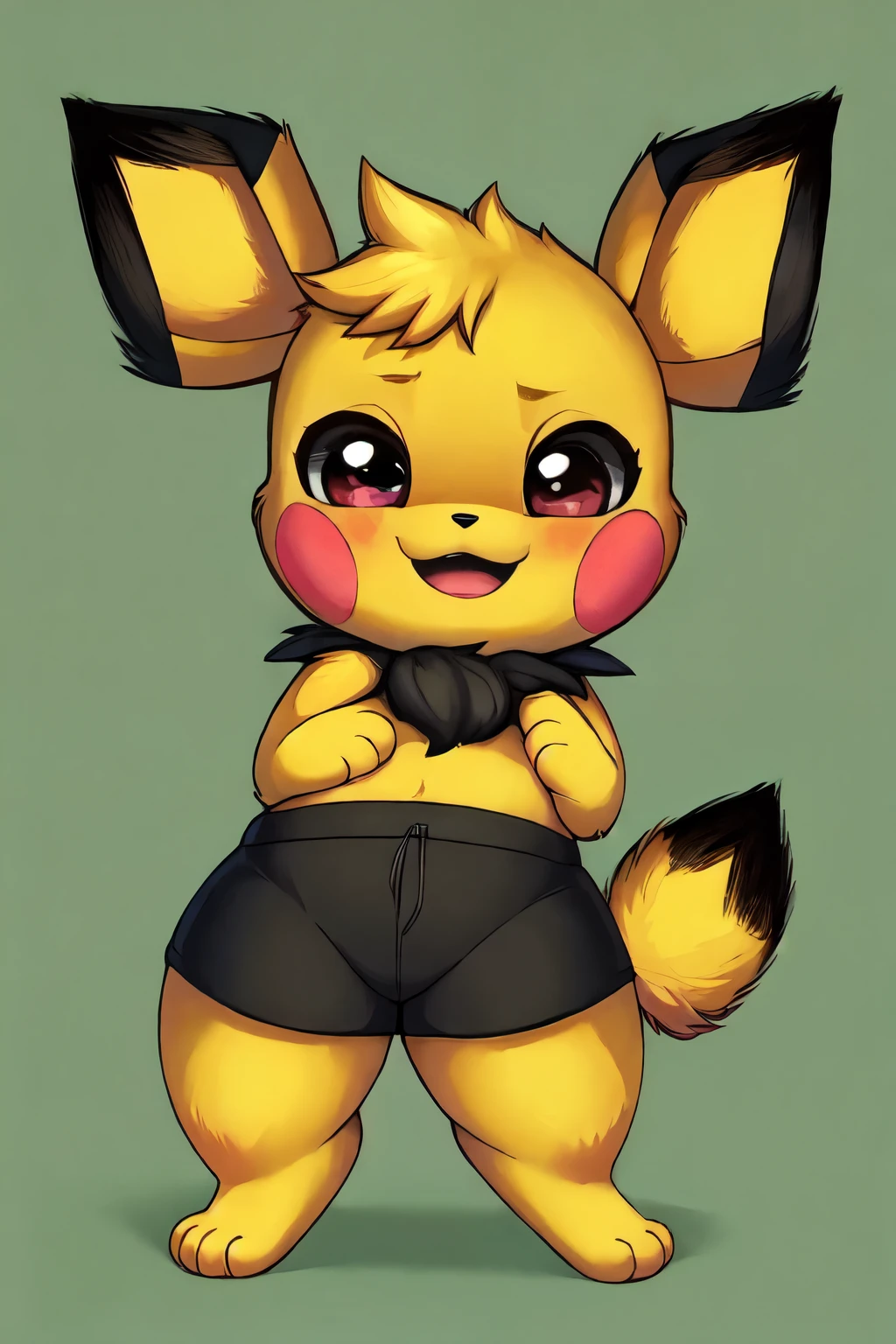 solo (anthro female pikachu:1.25), MACRO,
(black sports bra, black leggings, covered erect nipples, (large boobs:0.5), young, body fur, fur tufts, fur fluff, whiskers, happy, round eyes, closed eyes, big eyes, glistening eyes, big eyelashes, very cute, ((shortstack)), ((BACK)),  full body, very sexy body, very sexy, looking at viewer, inside, bedroom, sunny day)
BREAK, (detailed background, depth of field, half body shadow, sunlight, ambient light on the body), (intricate:0.7), (high detail:1.2), (unreal engine:1.3), (sharp focus:1.1), (masterpiece, best quality, 4k, 2k, shaded, absurd res), [ambient light on the belly] closeup, 