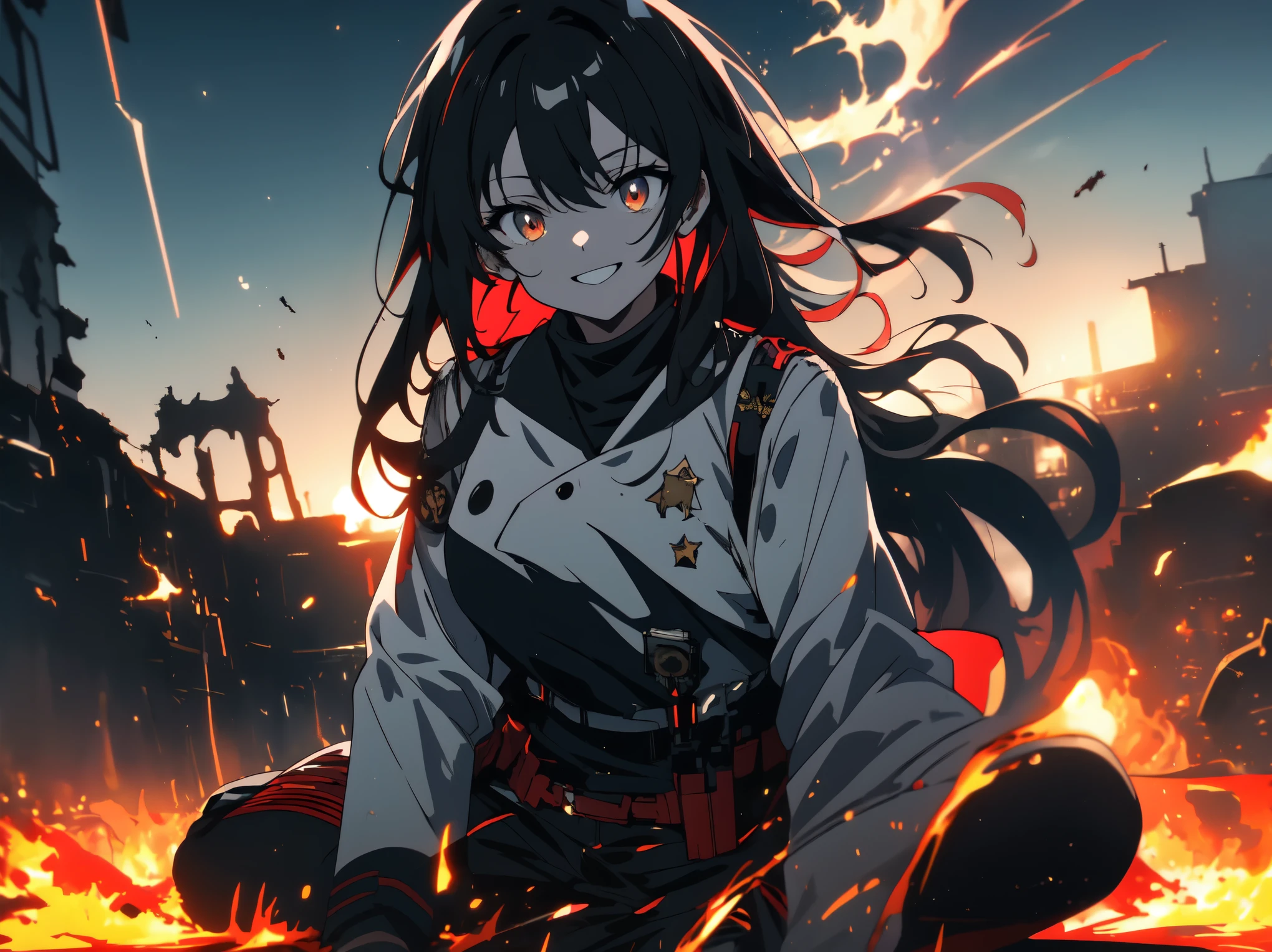 (masterpiece, highest quality), Ruined city and fire in the background, kneel on the ground、(anime girl, white military man), (Shining eyes)、4k manga wallpaper, bleach, detailed anime 8k, gapmoe yandere, with a creepy smile, black long hair, white mini skirt, white long sleeve military uniform、beautiful anime