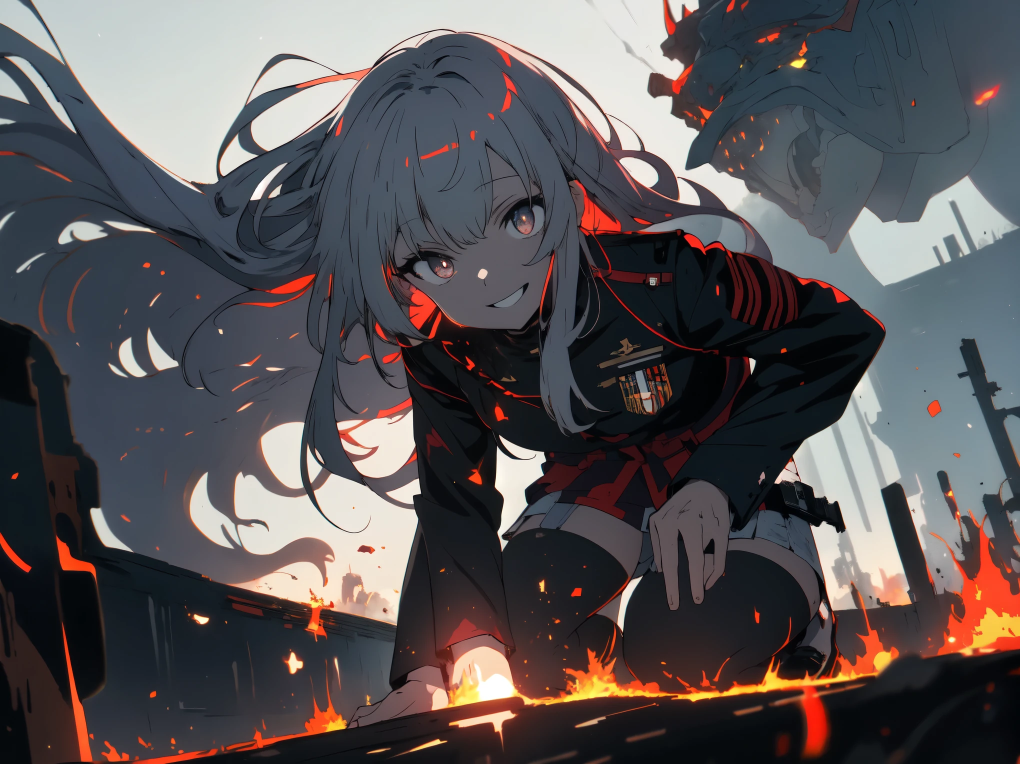 (masterpiece, highest quality), Ruined city and fire in the background, kneel on the ground、(anime girl, white military man), (Shining eyes)、4k manga wallpaper, bleach, detailed anime 8k, gapmoe yandere, with a creepy smile,  black long hair, white mini skirt, white long sleeve military uniform、beautiful anime