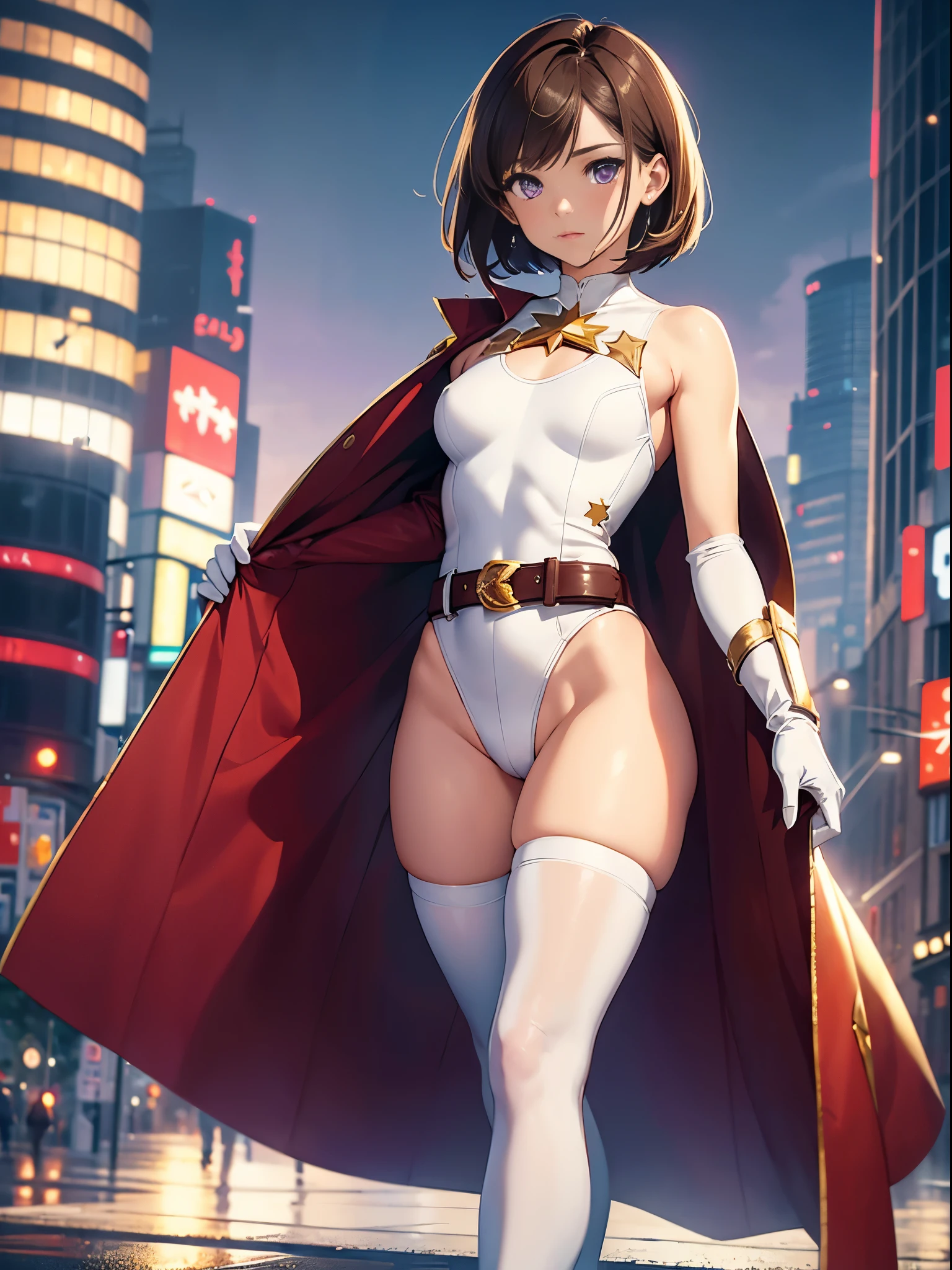 1girl, medium breasts, leotard, (white and red leotard), bare legs, tight belt, gold belt, boots, matching boots, ankle boots, white boots, gloves, white gloves, city backdrop, tokyo city backdrop, solo, single, standing, full body shot, cowboy shot, superhero, beautiful detailed eyes, mature lady, (gold star symbol on chest), (brown hair, short hair, bob hair), (purple eyes), sleeveless, perfect anatomy, masterpiece