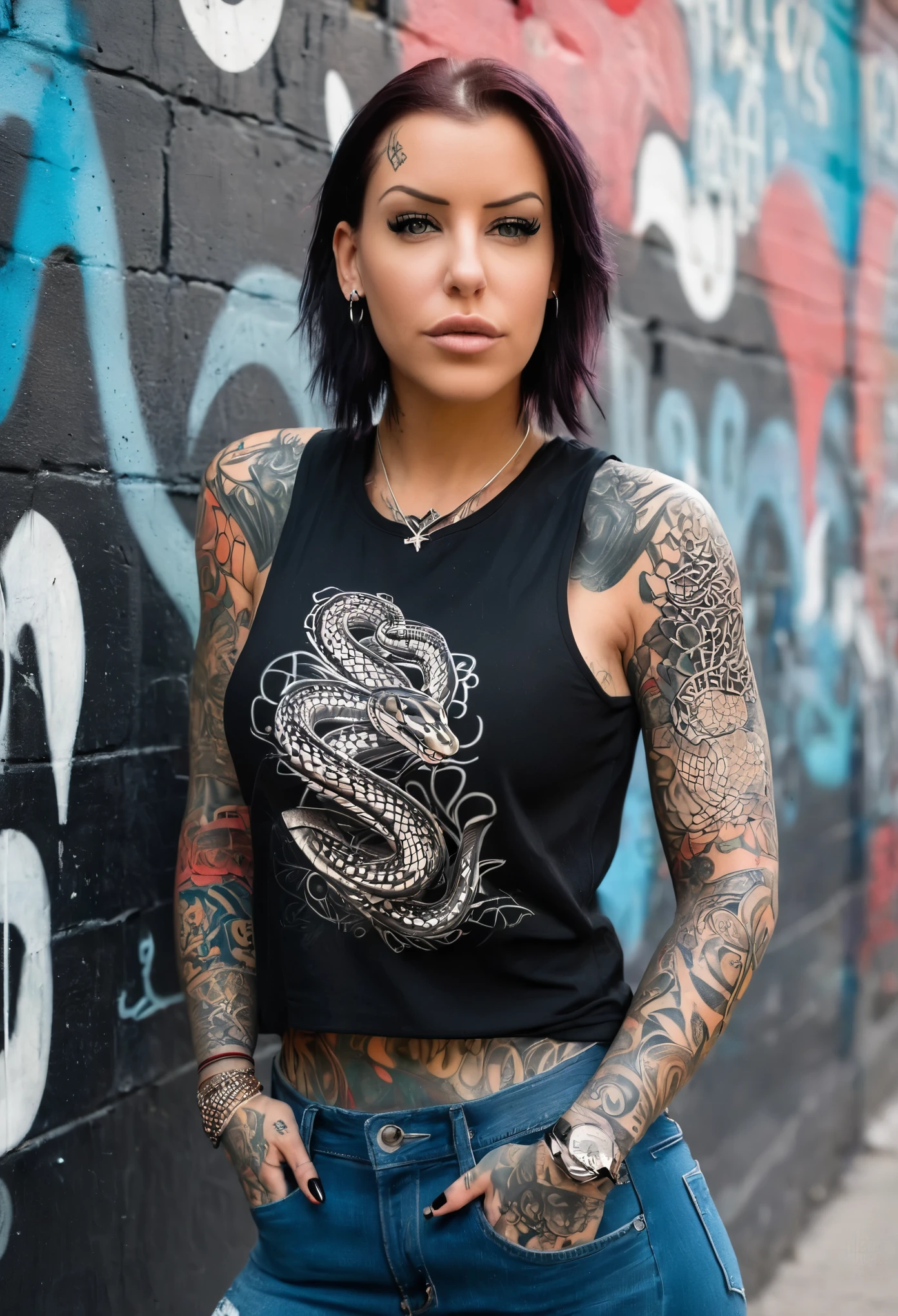 La Imagine Laurence Bedard standing against a graffiti-covered wall, her sleeveless top revealing intricate tattoos that snake up her arms. She confidently gazes into the camera, her piercing eyes capturing attention, and her full body tattoos, and shoulder tattoo