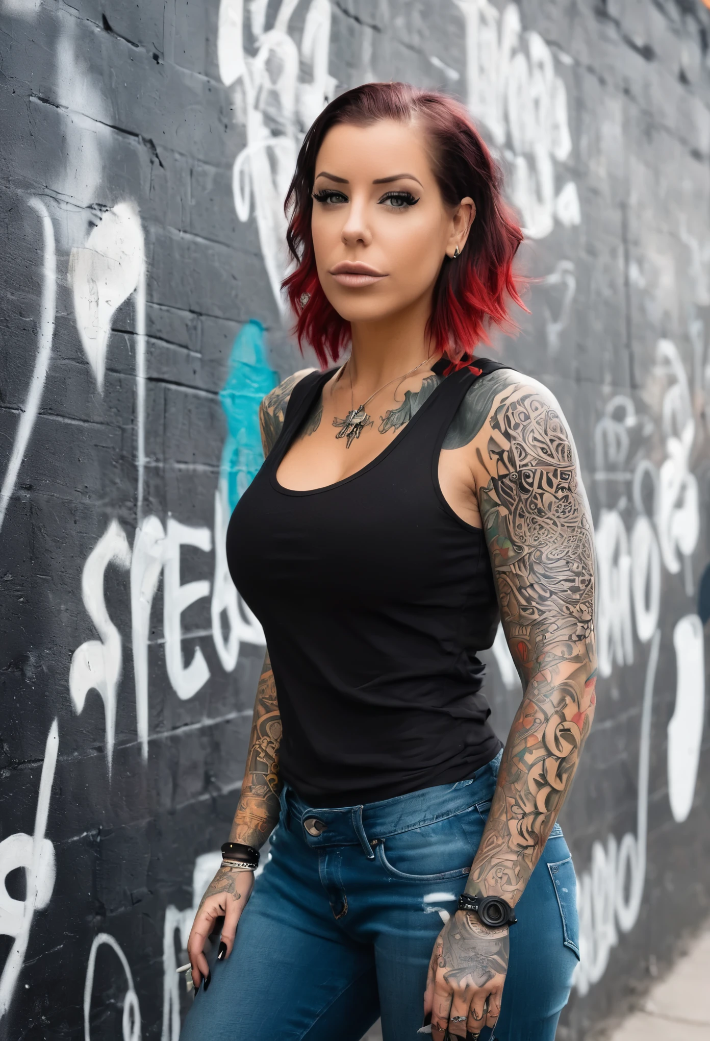 La Imagine Laurence Bedard standing against a graffiti-covered wall, her sleeveless top revealing intricate tattoos that snake up her arms. She confidently gazes into the camera, her piercing eyes capturing attention, and her full body tattoos, and shoulder tattoo