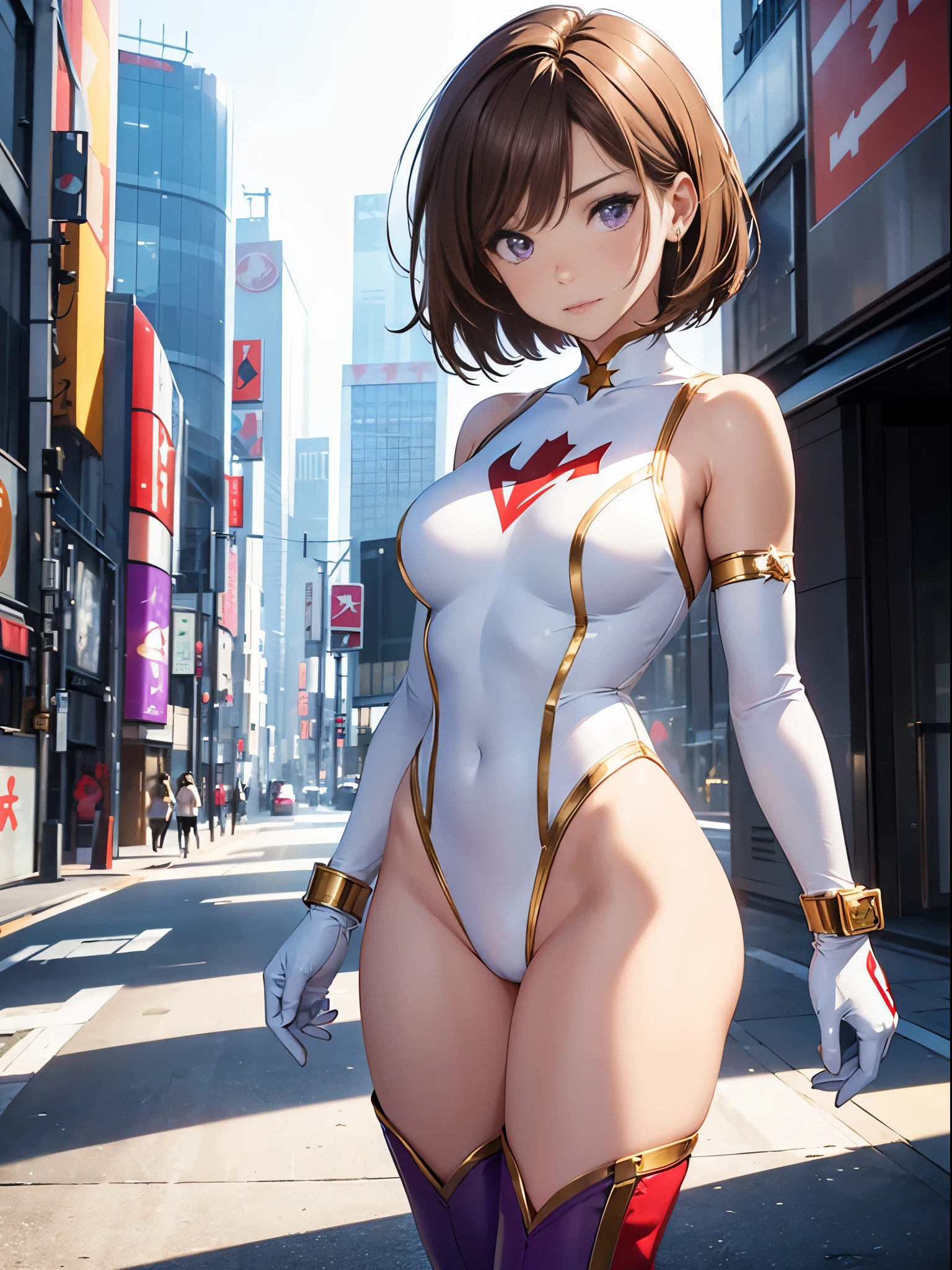 1girl, medium breasts, (leotard, white and red leotard), bare legs, tight belt, gold belt, boots, matching boots, ankle boots, white boots, gloves, white gloves, city backdrop, tokyo city backdrop, solo, single, standing, full body shot, cowboy shot, superhero, beautiful detailed eyes, mature lady, (gold star symbol on chest), (brown hair, short hair, bob hair), (purple eyes), sleeveless, perfect anatomy, masterpiece