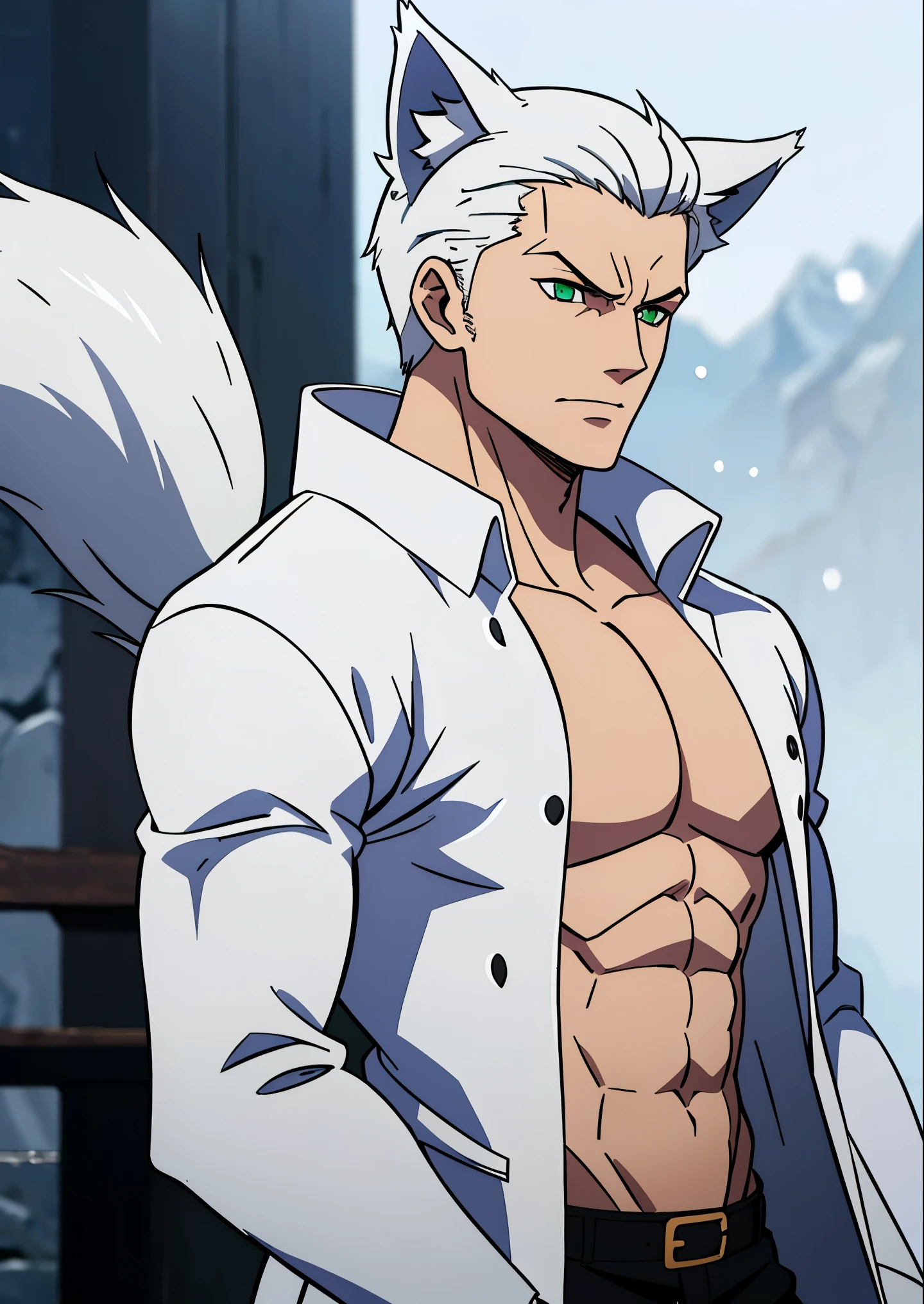 ((dynamic leadership style)), young, werewolves, wolf ears, white hair, medium hair , muscular, wolf tail, green eyes, snow white skin, evil face, (perfect face), very strong chest and arms, (blurred background) wearing an unbuttoned jacket, showing off his abs and toned chest  