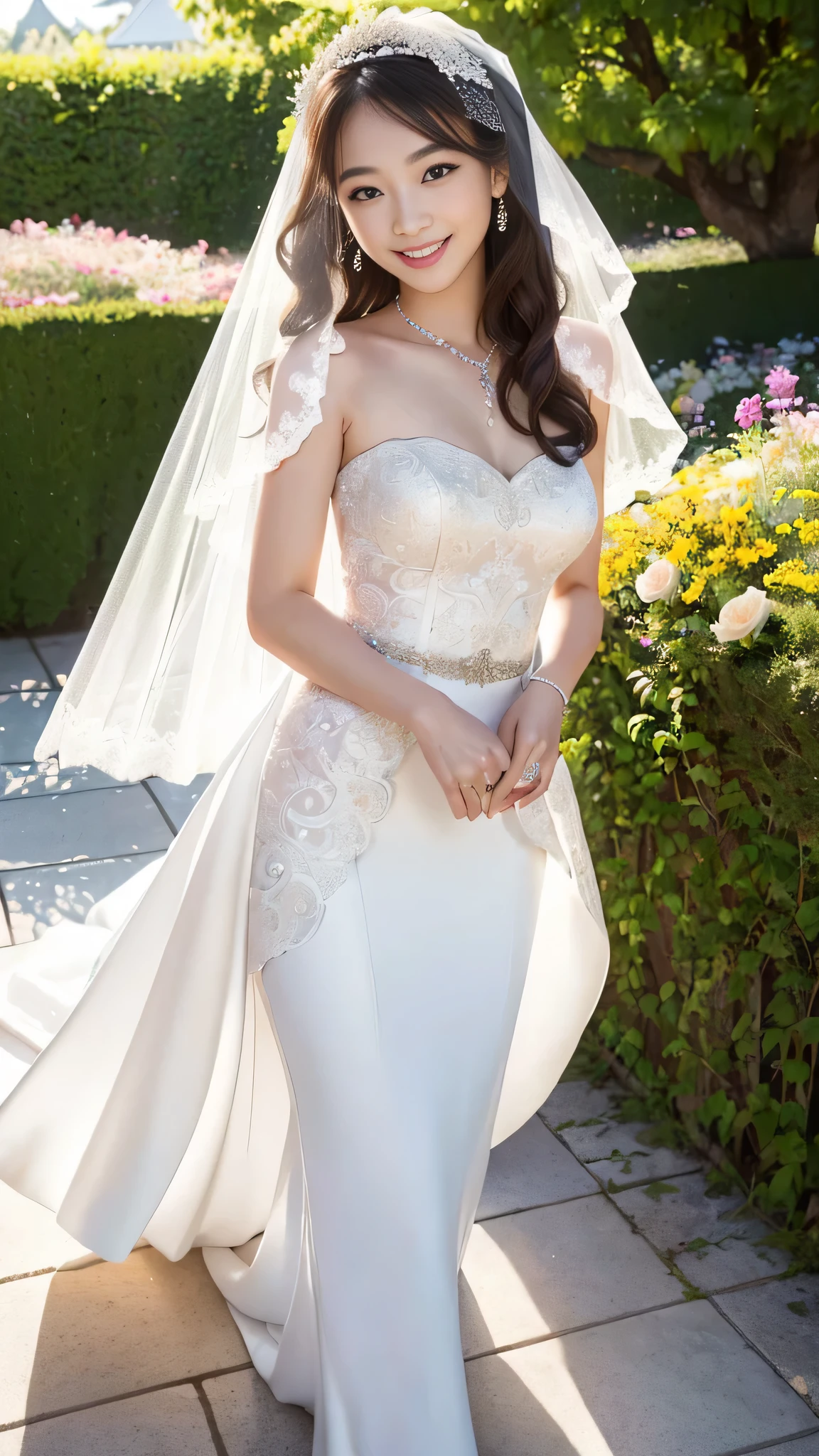 very beautiful girl, asian girl, from directly below, ((((Wedding dress))), long skirt, (((slim legs))), blonde, Bridal Hair Accessories, (((wedding veil))), ((flower garden)), ((white panties)), (highly detailed face, highly detailed lips, fine eyes, realistic student), 18-year-old, (((官能的なsmile))), ((highest quality, 16k, masterpiece: 1.3)), 1 girl, light shines on your face, beautiful feet, perfect feet、smile、laughter、吸い込まれるようなsmile、