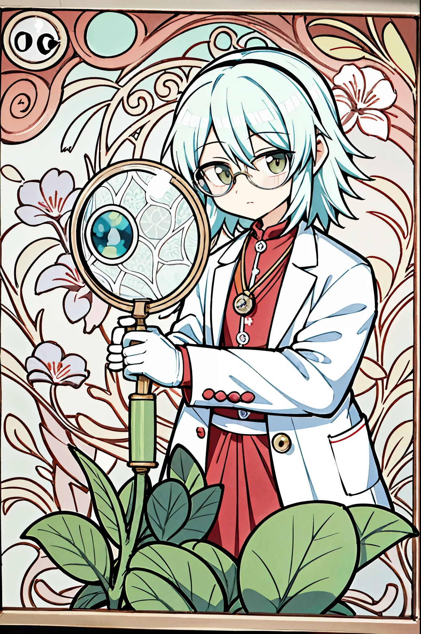 magnifier, by bestiary_style, masterpiece, best quality, high detailed face, solo, doctor with scope, microscopy, magnifying glass, magnifier, microscope, doctor with magnifier, looking at something very small