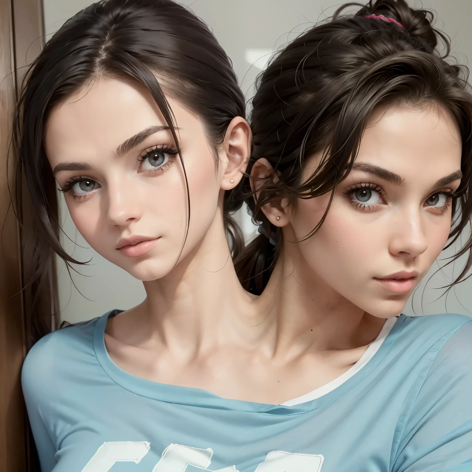 Two women with long hair and blue shirts posing for a picture - SeaArt AI