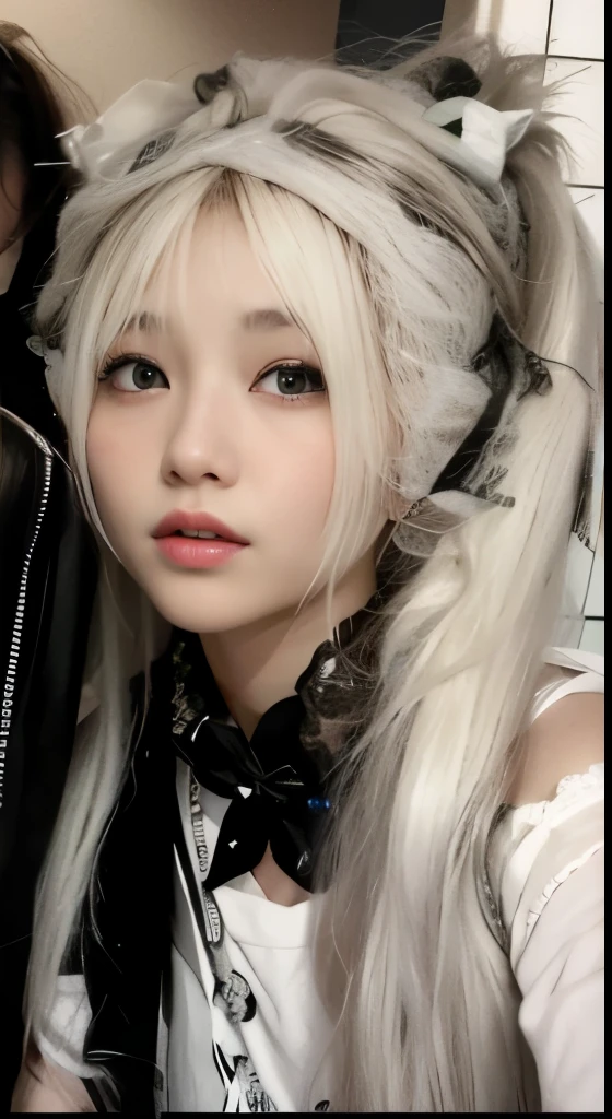 araffes com capuz peludo e camisa preta e branca, penteado com corte hime branco, Rosto fino, Karina, franja branca, com cabelos longos brancos, lalisa manobal, Karina do Aespa, her hair is white, muito linda gatinha fofa, garota de cabelos brancos perfeita, Aespa