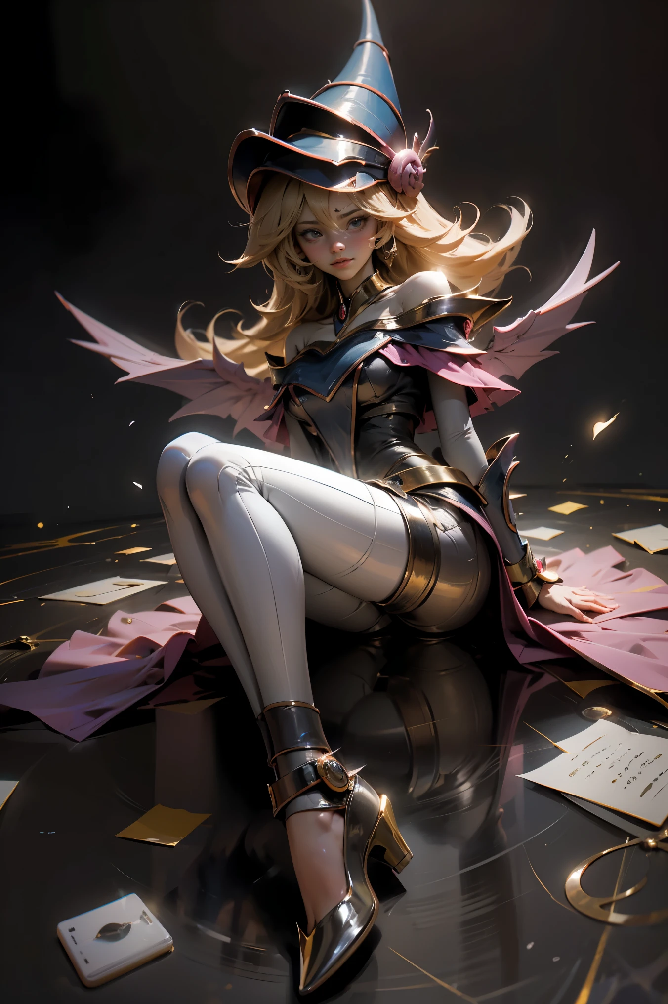(obra maestra:1.2), (La mejor calidad:1.2), perfect lighting, Chica Maga Oscura lanzando un hechizo, en batalla. flotando en el aire, tetas medianas visibles, escote transparente, bata azul, sombrero grande, desde arriba, Destellos, Yugioh juego, The magic of the heart. LIGHTS OF THE HEART, Romantic heart. Ella usa tacones. Tiene tacones. Usa tacones