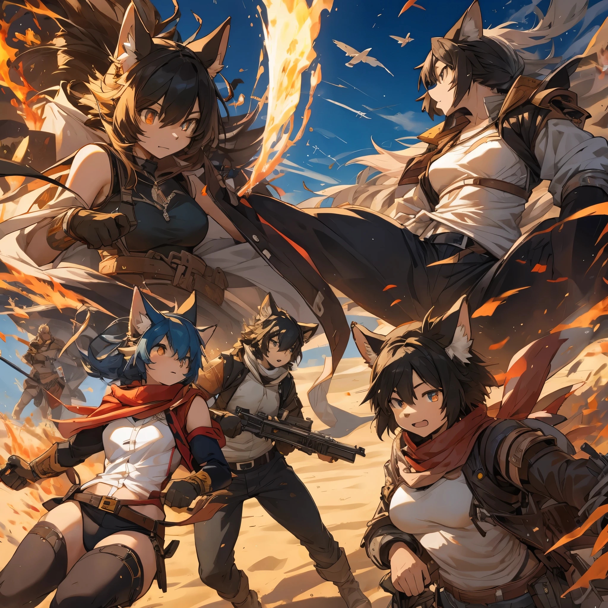 top quality, best quality, High-quality illustrations, masterpiece, super high resolution, detailed background, A high-stakes card game and a shootout under the scorching sun, with hot sand swirling as bullets fly, 6+boys, 6+girls, absurdres(highly detailed beautiful face and eyes)perfect anatomy, expression, good lighting, cinematic shadow(kemono, furry anthro)assorted poses, dynamic angle,