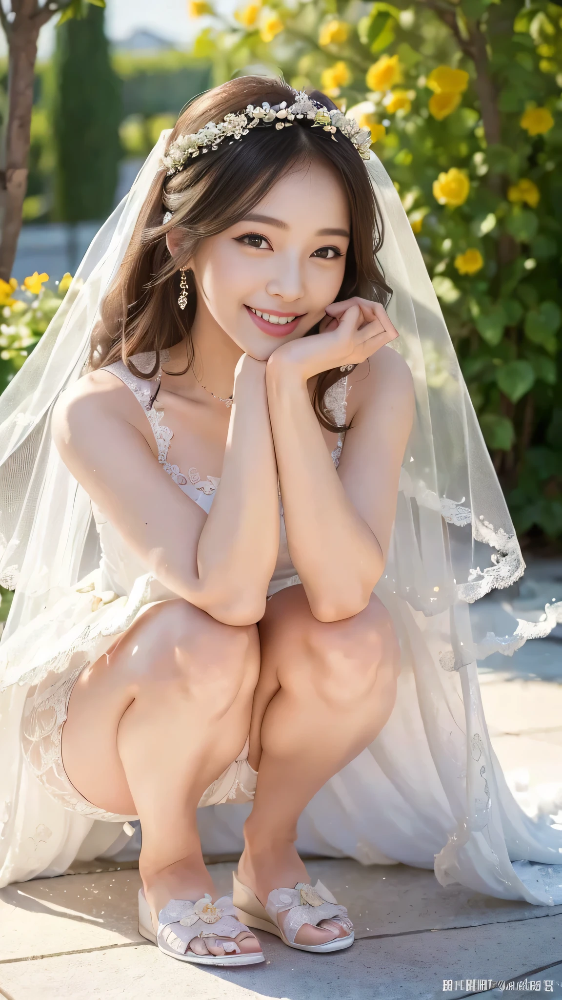 very beautiful girl, asian girl, from below, ((squat)), ((((Wedding dress))), long skirt, (((slim legs))), blonde, Bridal Hair Accessories, (((wedding veil))), ((flower garden)), ((white )), (highly detailed face, highly detailed lips, fine eyes, realistic student), 18-year-old, (((官能的なsmile))), ((highest quality, 16k, masterpiece: 1.3)), 1 girl, light shines on your face, beautiful feet, perfect feet、smile、laughter、吸い込まれるようなsmile、