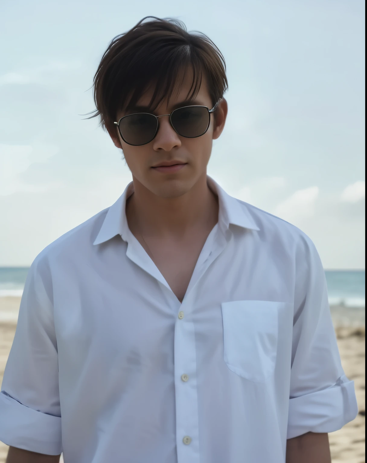 man in white shirt and sunglasses , on the beach, wearing in shirt, wearing a white shirt, wearing a white button up shirt, candid picture, fine white shirt, white wrinkled shirt, wearing a shirt, white shirt, handsome man, wearing white cloths.