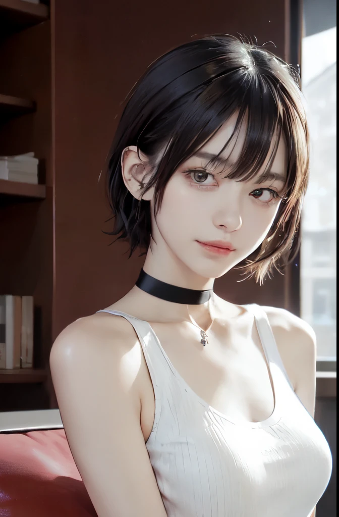 1 Are standing女性, /(Sleeveless knit shirt/) /(black hair/) bangs, A gentle smile with a blush, (highest qualityのmasterpiece:1.2) Delicate illustrations super detailed, Big breasts BREAK /(modern house living room/)、masterpiece, go-getter, ((highest quality)), disorganized, perfect anatomy, Tae Takemi, (small smile), necklace, choker, dress, (big breasts:1.3), No bra, defined abdomen, white clothes, Are standing, doctor office background, sexy pose