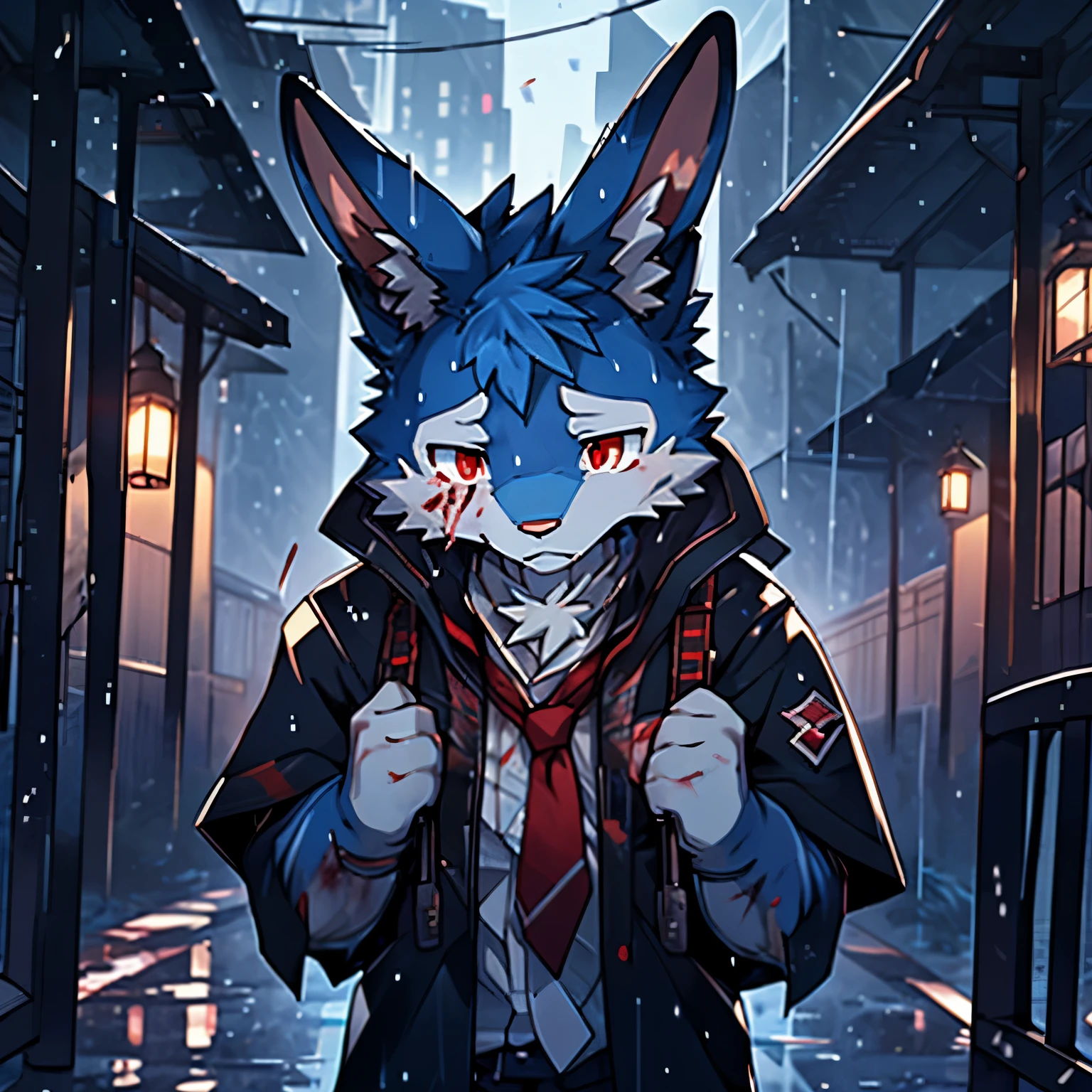 4k, actual, high detail, super detailed, Uniforms,rabbit,Long-eared rabbits,blue fur,red eyes,,male,damaged clothes,Stained with blood,There are wounds and blood on the body,Hold head with hands,The expression is sad,Tearful,The background is a rainy night,The atmosphere is heavy and depressing