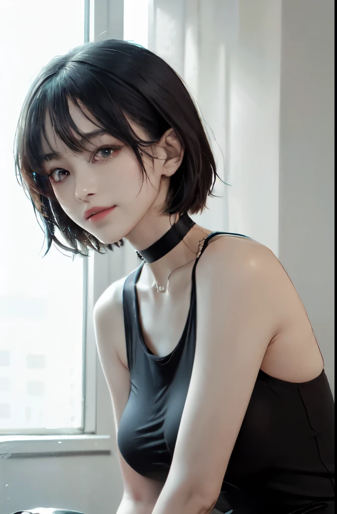 1 Are standing女性, /(Sleeveless knit shirt/) /(black hair/) bangs, A gentle smile with a blush, (highest qualityのmasterpiece:1.2) Delicate illustrations super detailed, Big breasts BREAK /(modern house living room/)、masterpiece, go-getter, ((highest quality)), disorganized, perfect anatomy, Tae Takemi, (small smile), necklace, choker, dress, (big breasts:1.3), No bra, defined abdomen, white clothes, Are standing, doctor office background, sexy pose