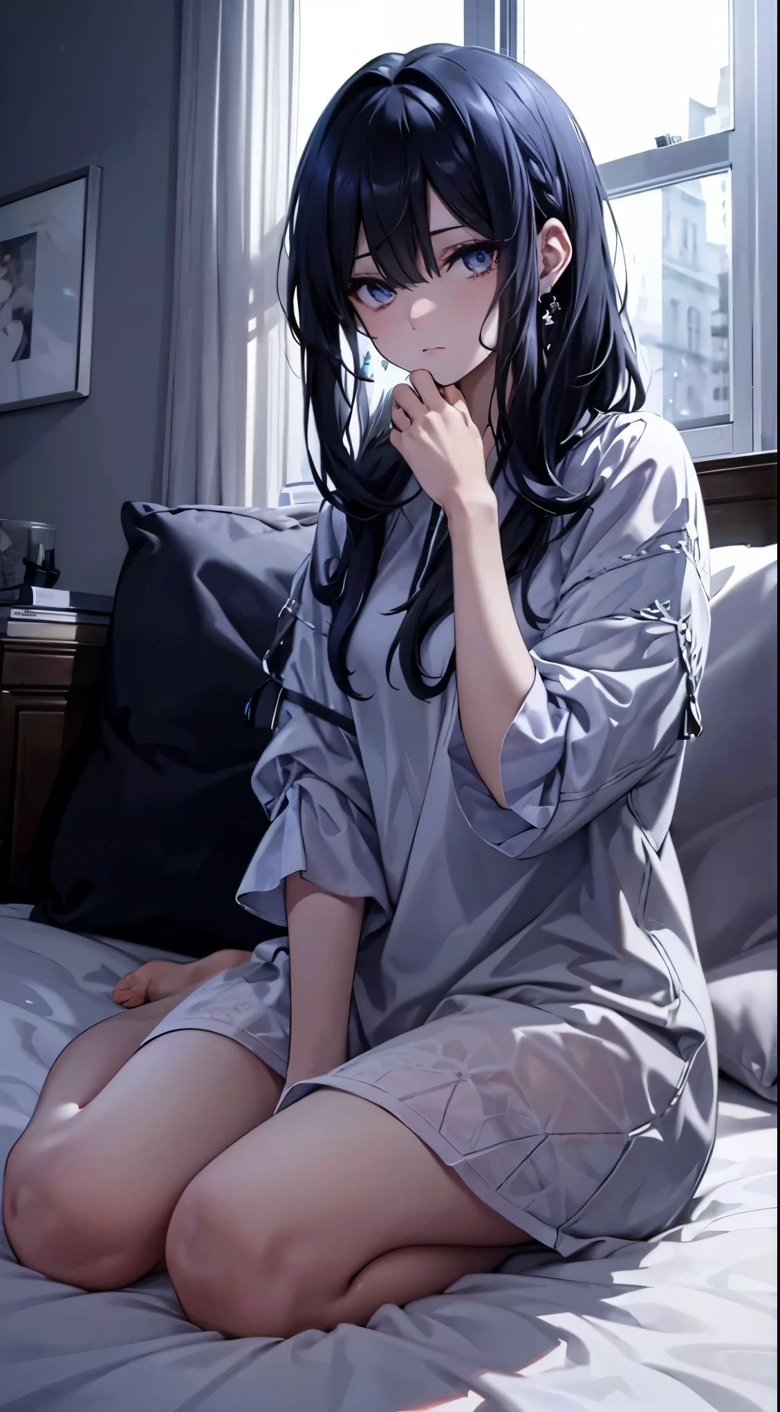 Expressionless, detailed diamond eyes, super detail art, flat expression, perfect lighting, detailed hair, realistic hair, shiny black hair, messy hair