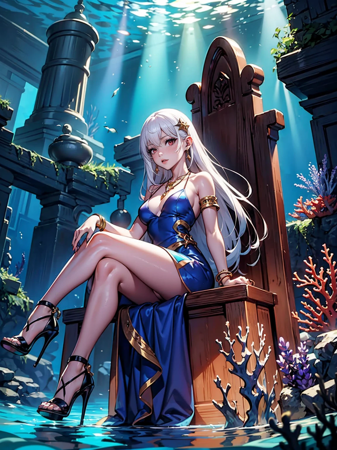 ((1girl, solo ,alone, ninym, white hair, crimson eyes, hair ornament, small breasts, long hair, fitness)), ((solo, 1woman, pink lipstick, Extremely detailed, ambient soft lighting, 4k, perfect eyes, a perfect face, perfect lighting, a 1girl)), austere, ((sitting on a throne, ((legs crossed, high heels, underwater, submerged in the ocean, deep sea, sea creatures, aqua)), sitting on her throne under; water, sea queen, mu yanling, Krenz Cushart and Artgerm, ((fish, coral)), shark, turtle, algae)), ((long dress, elegant dress , formal lavender blue dress, (Lavender Blue dress), bracelets, ruby earrings, gold necklace, diamond, sovereign))