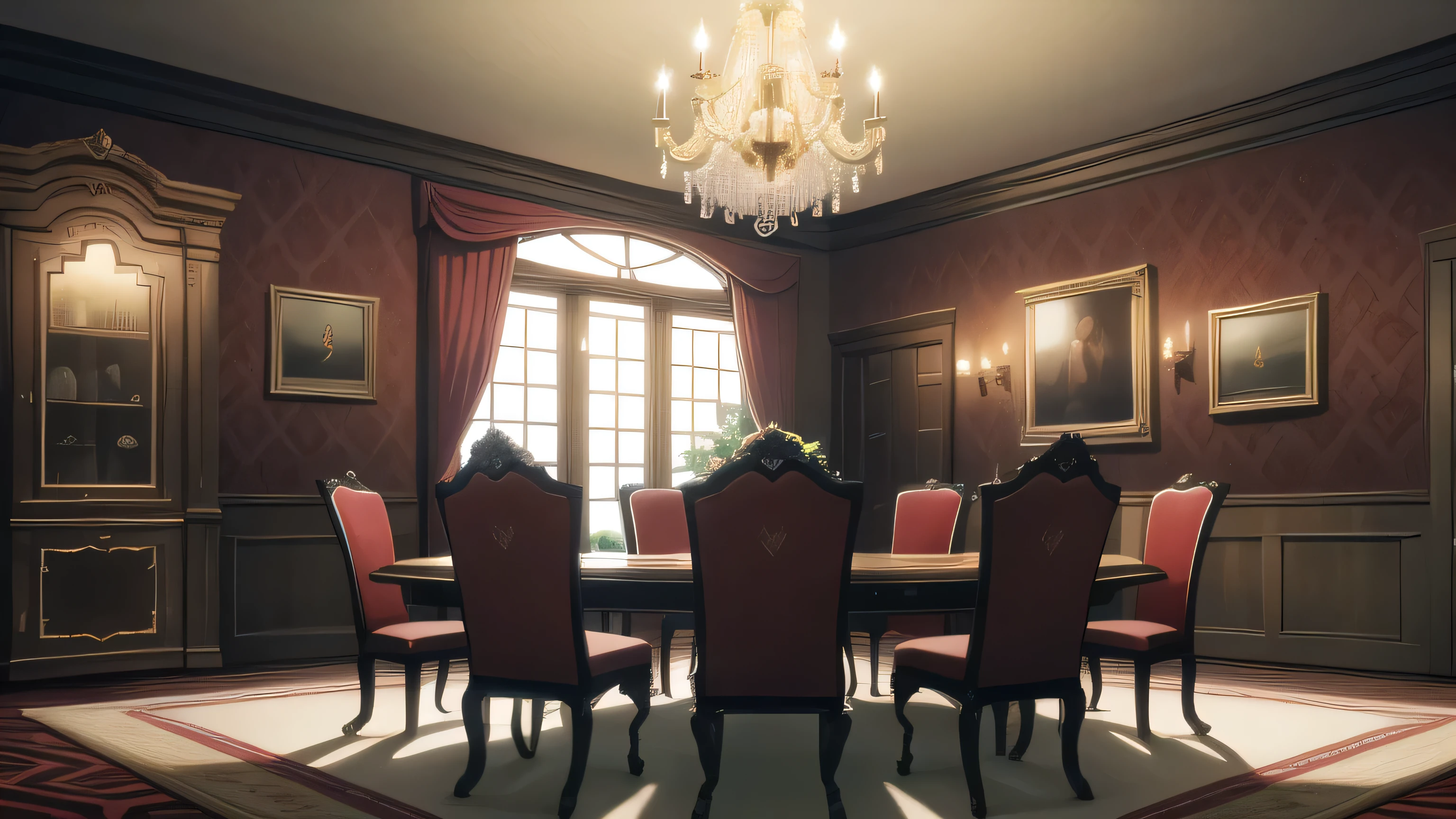 (obra de arte), (melhor qualidade), (ultra-detalhado), (Best illustration), (melhor sombra), interior of a European palace, (papel de parede vermelho escuro e bordas de madeira), (sala de jantar retangular luxuosa muito pequena), cadeiras e uma mesa de madeira, lighting chandelier, (several large ]janelas na parede), Night sky