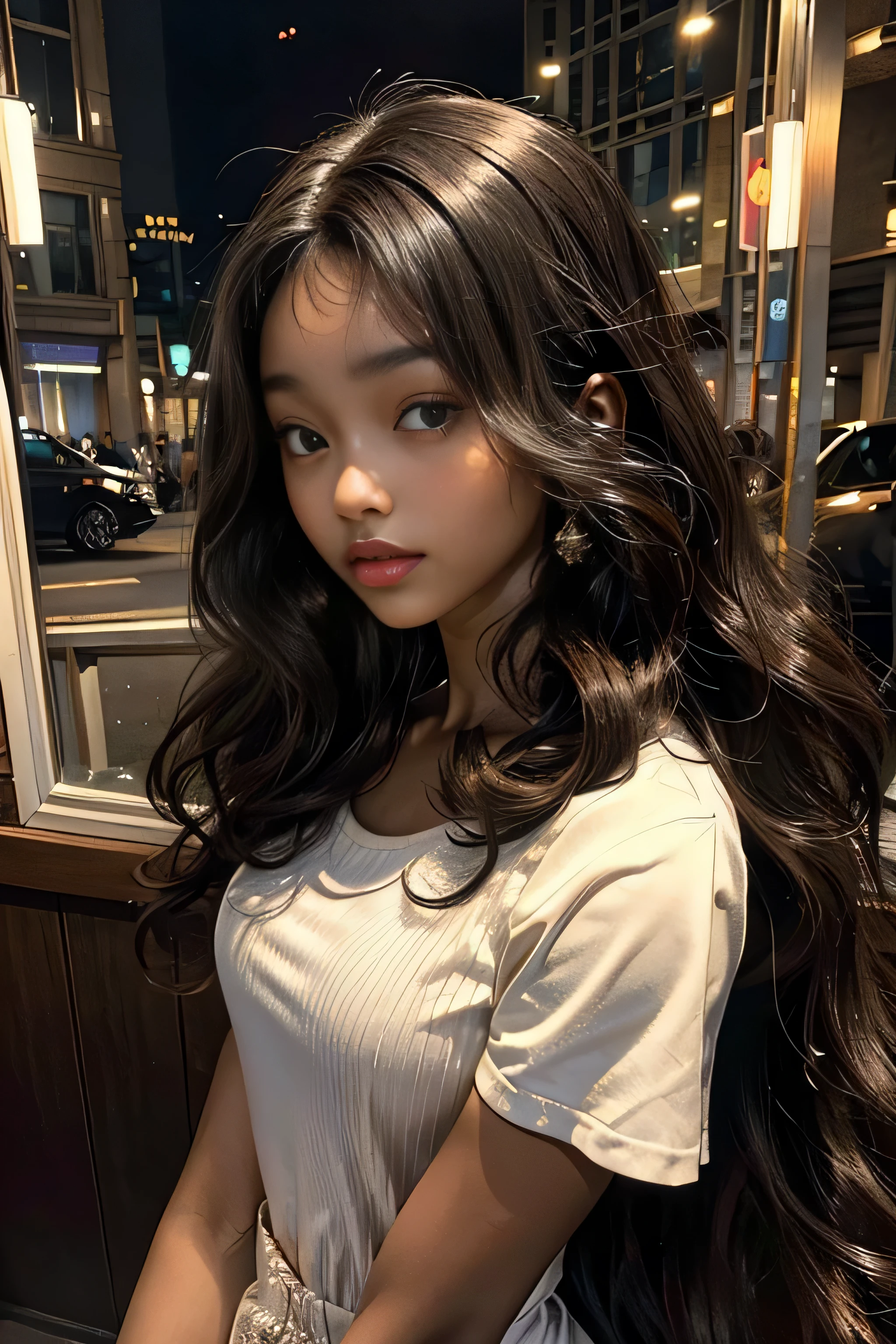 masterpiece, best quality, 1 girl, solo, beautiful African and Asian mixed 19 year old, brown skin female, long, frizzy, curly dark hair, perfect face, long hair, melanin