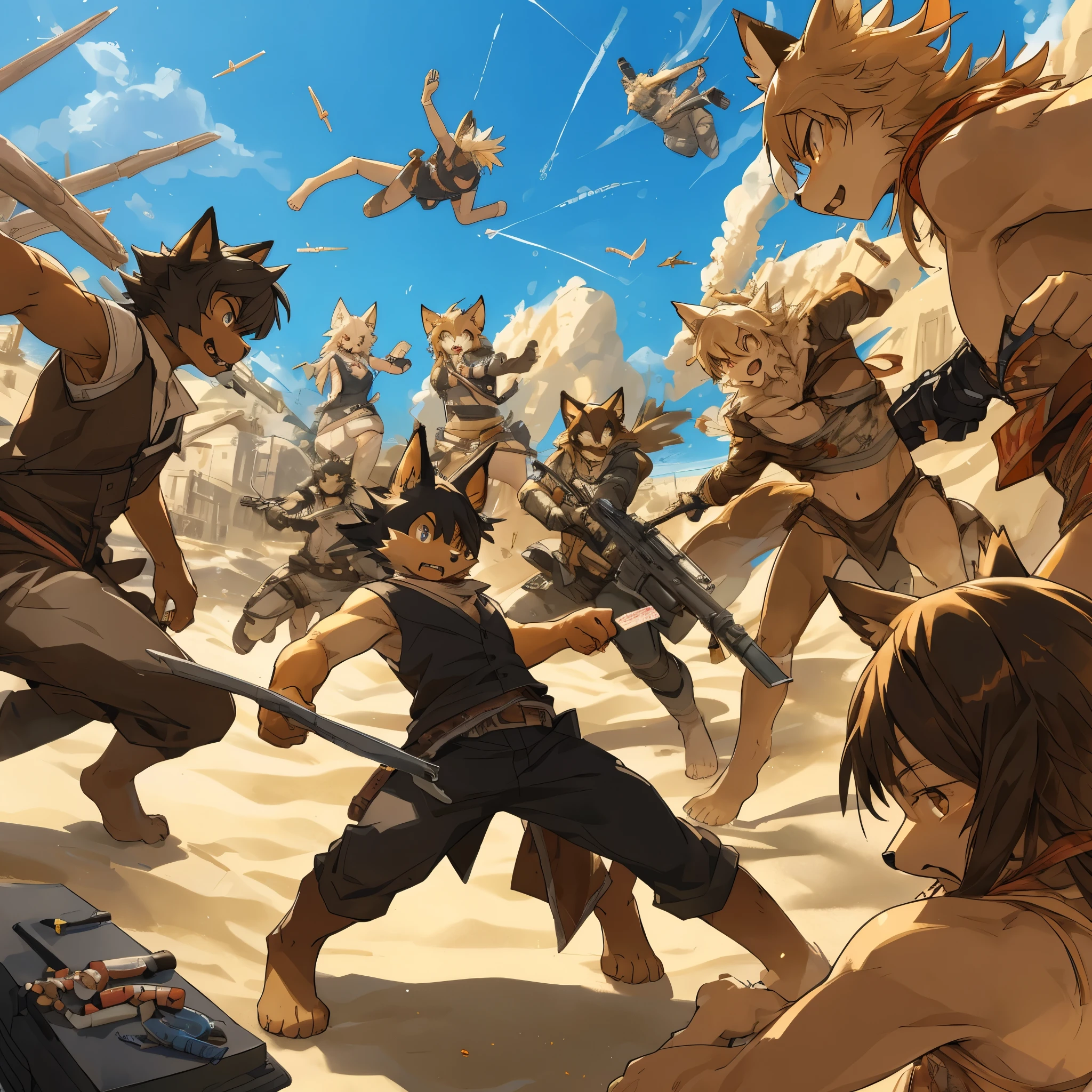 top quality, best quality, High-quality illustrations, masterpiece, super high resolution, detailed background, A high-stakes card game and a shootout under the scorching sun, with hot sand swirling as bullets fly, 6+boys, 6+girls, absurdres(highly detailed beautiful face and eyes)perfect anatomy, expression, good lighting, cinematic shadow(kemono, furry anthro)assorted poses, dynamic angle,