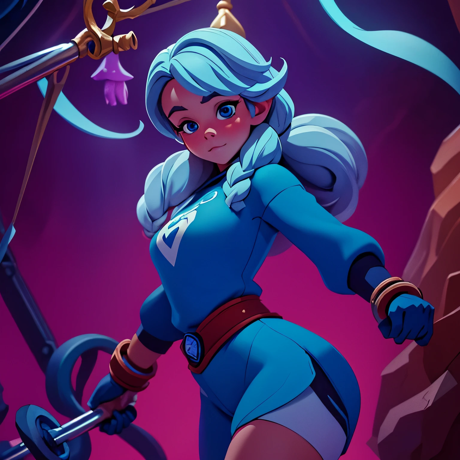 Photo of Anna of Arendelle wearing blue gym clothes,  immobilized in the air by tentacles, em uma caverna inundada assustadora , not having fun, olhar triste, Envergonhado