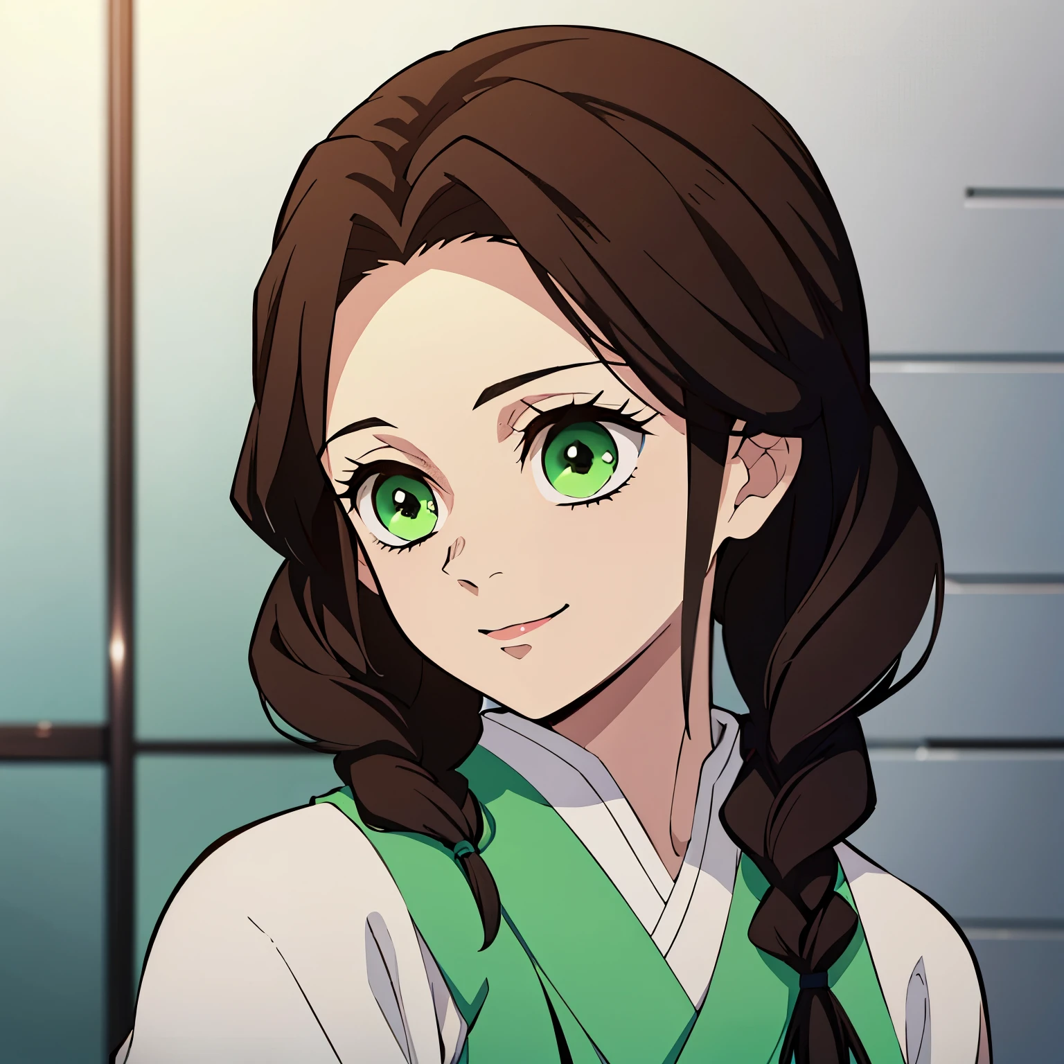 (best quality:1.2),lovely girl in kimetsu no yaiba style,brown hair,dark brown,hazel,with a subtle hairstyle featuring two braids. Beautiful, detailed green eyes. Parte superior del cuerpo, sola, 1 mujer, mirando al espectador, sonrisa sutil, make-up leve. 