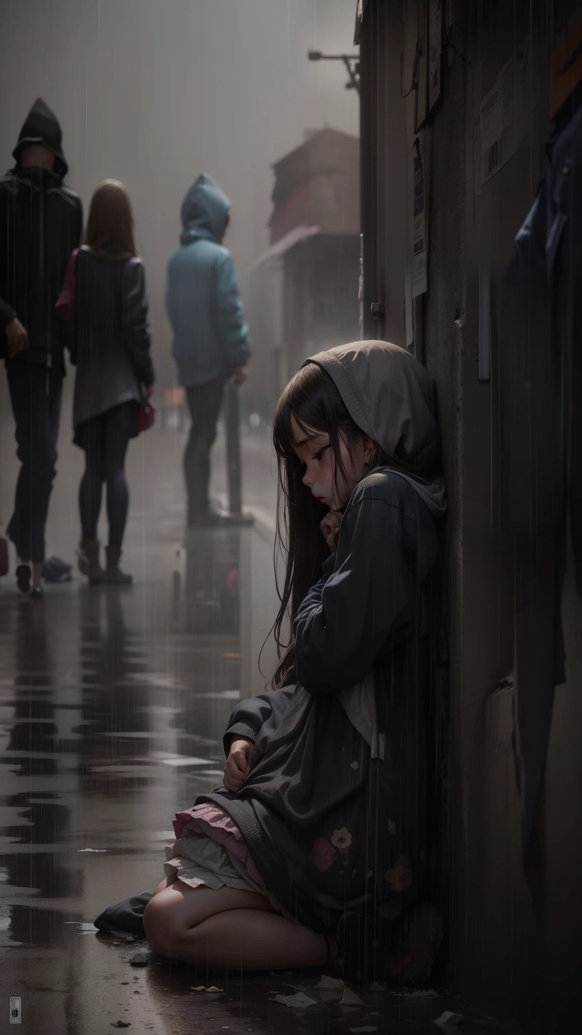 A poor girl is sleeping in the street while people pass by her and the rain falls on her clothes in pieces