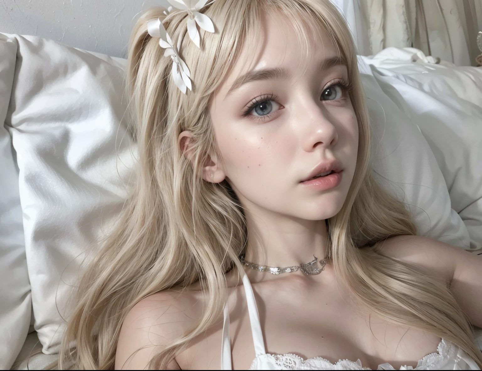 Blonde woman with long hair lying in bed with white sheets., flequillo blanco, pelo largo y blanco y flequillo, hair flequillo blanco hair, peinado de corte hime blanco, ulzzang, flequillo blanco, con el pelo largo y blanco, pale fur, pale porcelain white skin, con pelo largo y blanco, shikami, chica de pelo plateado, bella delfina, Lalisa Manobal
