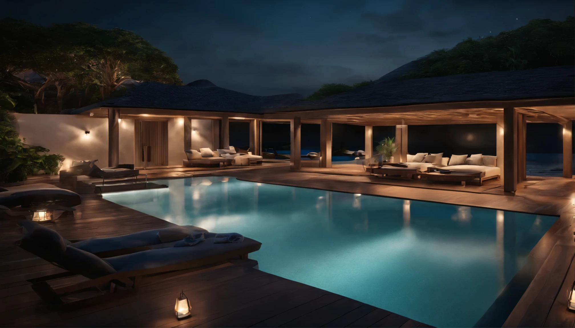 Commercial photography, real photography, movie style, photorealistic, 8K.
Calm, quiet night atmosphere. The stars are beautiful in the sky.
Stylish cottage with infinity pool.
You can see the pool through the living room window of the cottage.
Beyond the pool, you can see the lights of ships floating on the sea at night.
The moonlight reflects on the pool, creating a magical atmosphere.
The composition focuses on the pool. Calming indirect lighting. not blurry
On the table is a candle, a half-read book, and a shot glass.