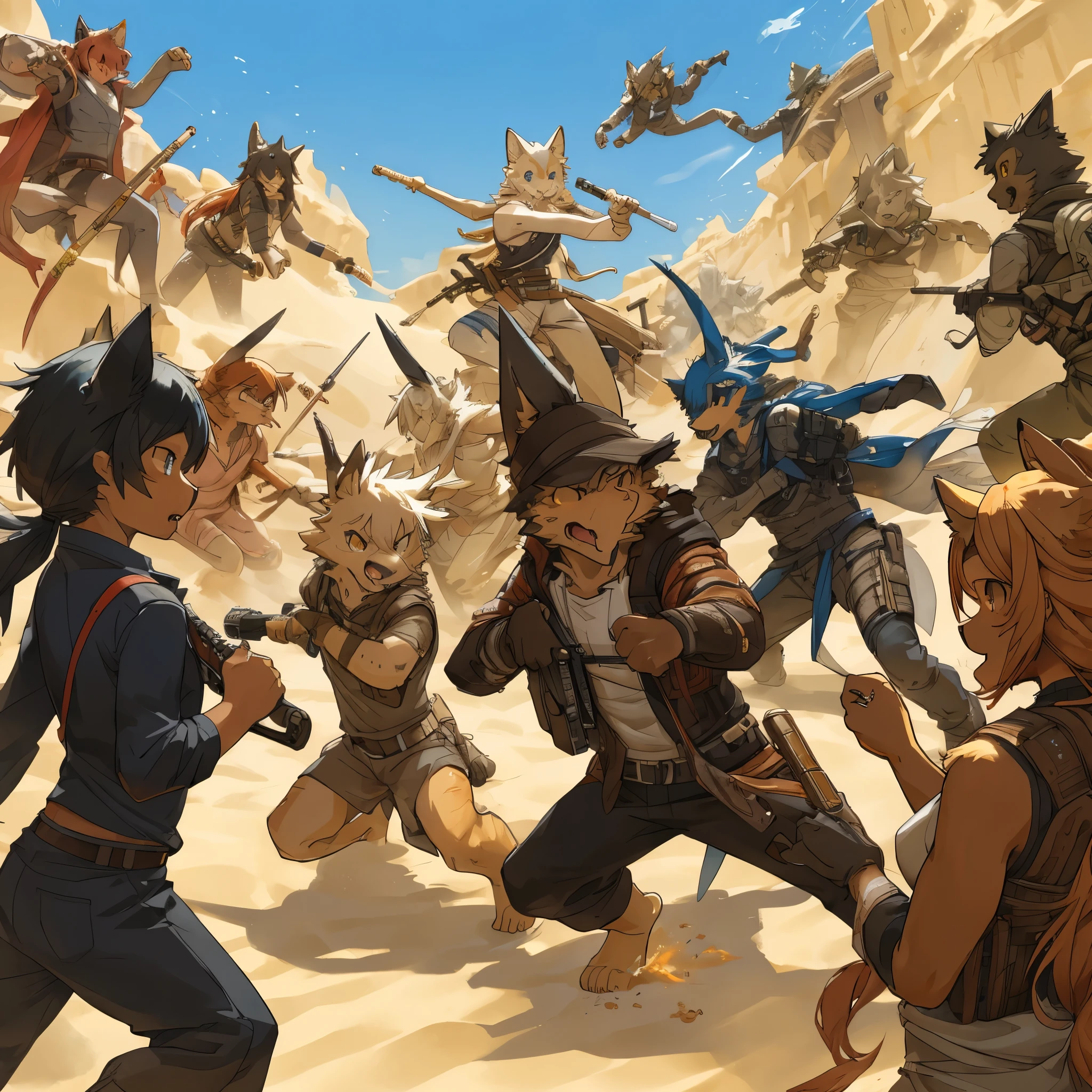 top quality, best quality, High-quality illustrations, masterpiece, super high resolution, detailed background, A high-stakes card game and a shootout under the scorching sun, with hot sand swirling as bullets fly, 6+boys, 6+girls, absurdres(highly detailed beautiful face and eyes)perfect anatomy, expression, good lighting, cinematic shadow(kemono, furry anthro)assorted poses, dynamic angle,