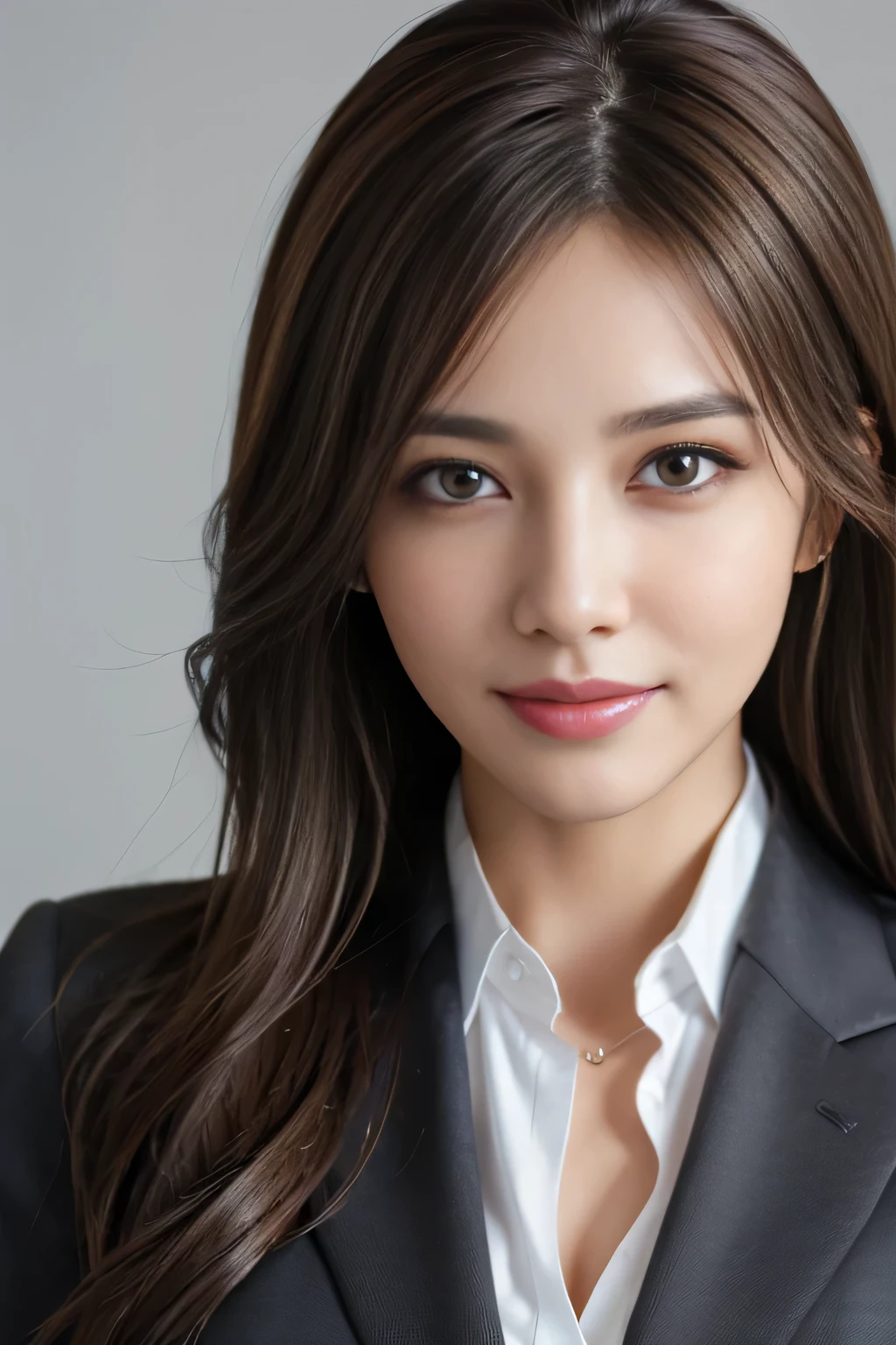 table top, highest quality, realistic, Super detailed, finely, High resolution, 8k wallpaper, 1 beautiful woman,, light brown messy hair, wearing a business suit, sharp focus, perfect dynamic composition, finelyて美しい目, thin hair, Detailed and realistic skin texture, smile, close-up portrait, model body shape