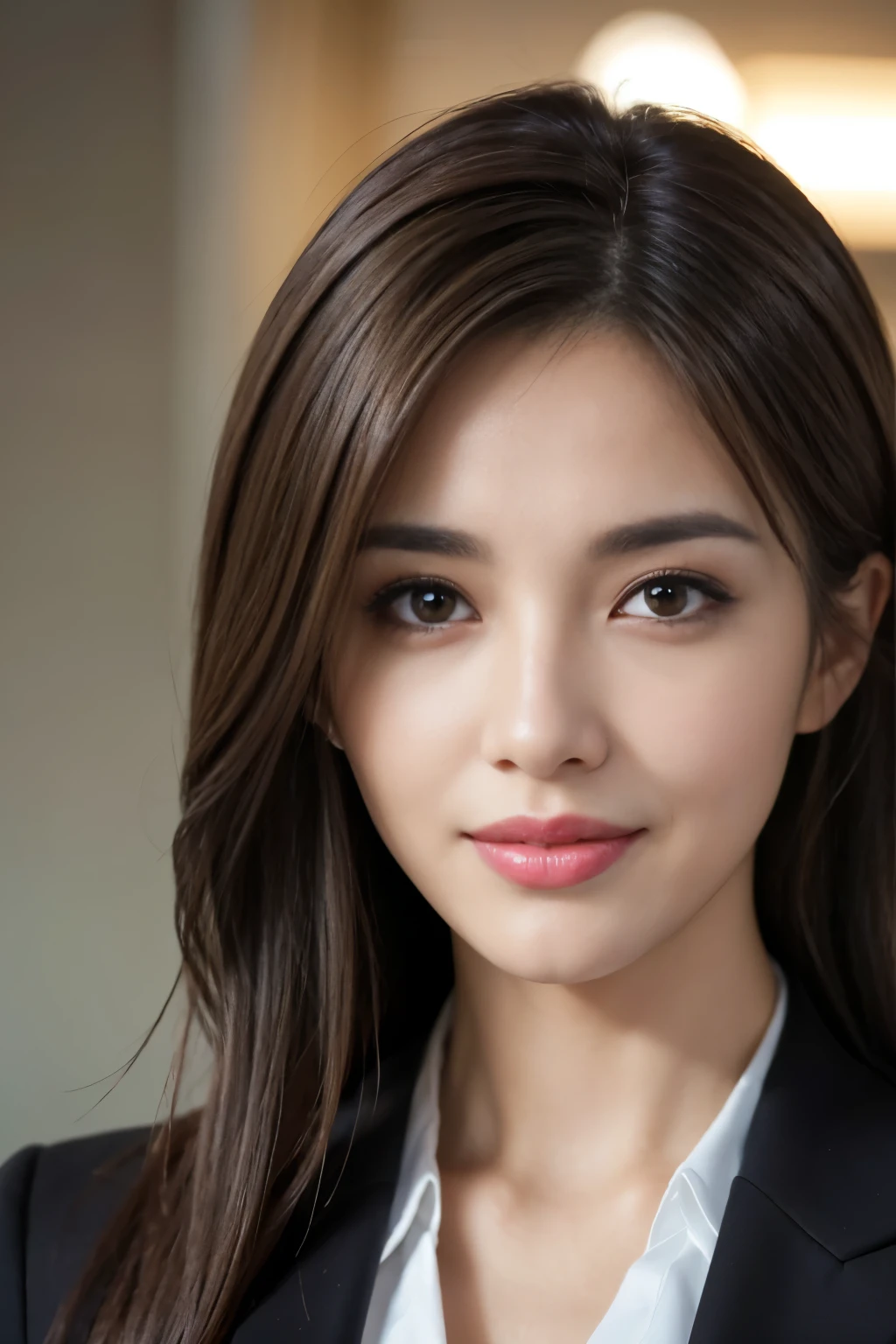 table top, highest quality, realistic, Super detailed, finely, High resolution, 8k wallpaper, 1 beautiful woman,, light brown messy hair, wearing a business suit, sharp focus, perfect dynamic composition, finelyて美しい目, thin hair, Detailed and realistic skin texture, smile, close-up portrait, model body shape