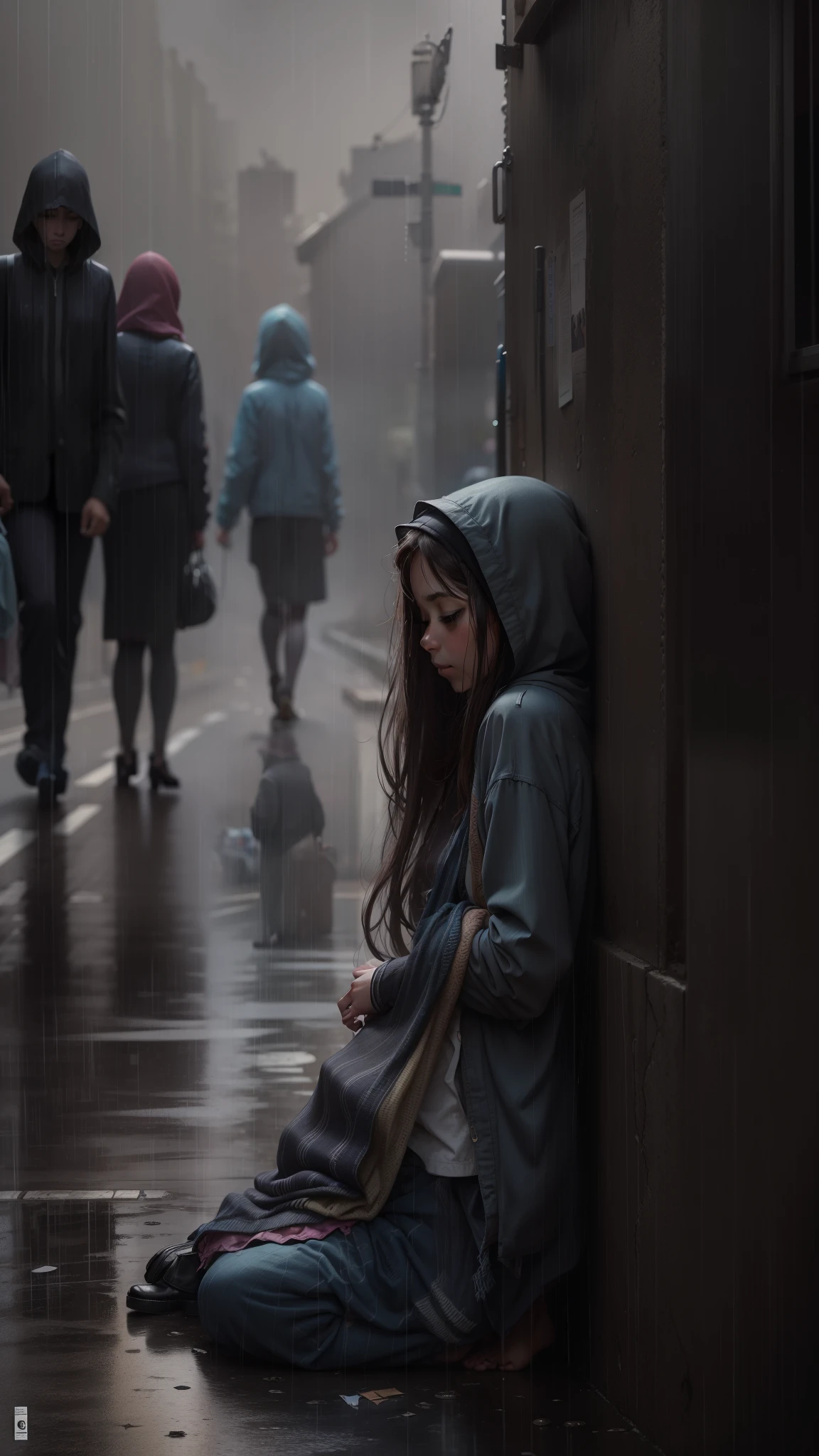 A poor woman is sleeping in the street while people pass by her and the rain falls on her ripped clothes