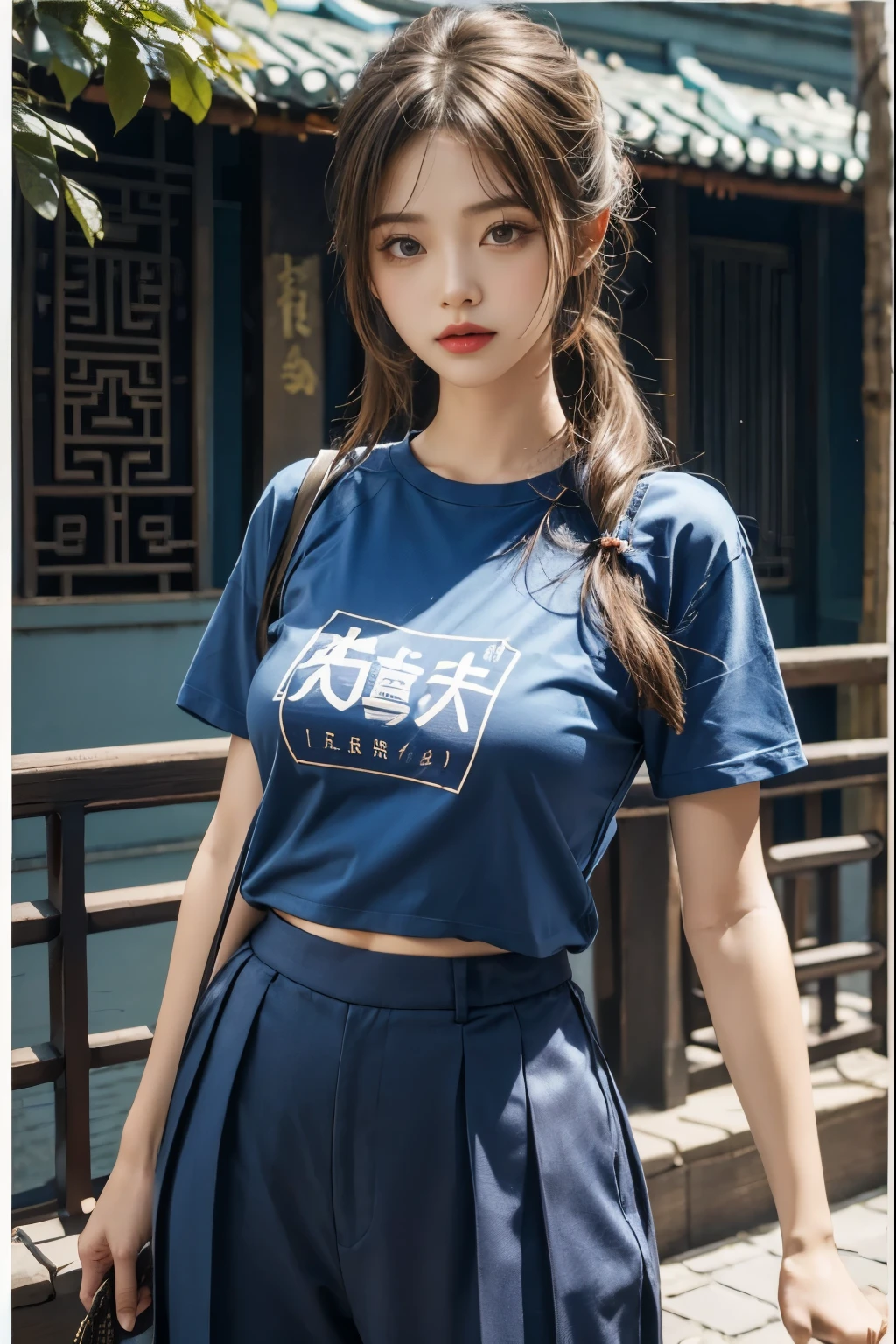 Ribbon hair pin, ideal tits, blue pleated classic t-shirts with text printed, pants, Chinese great wall background