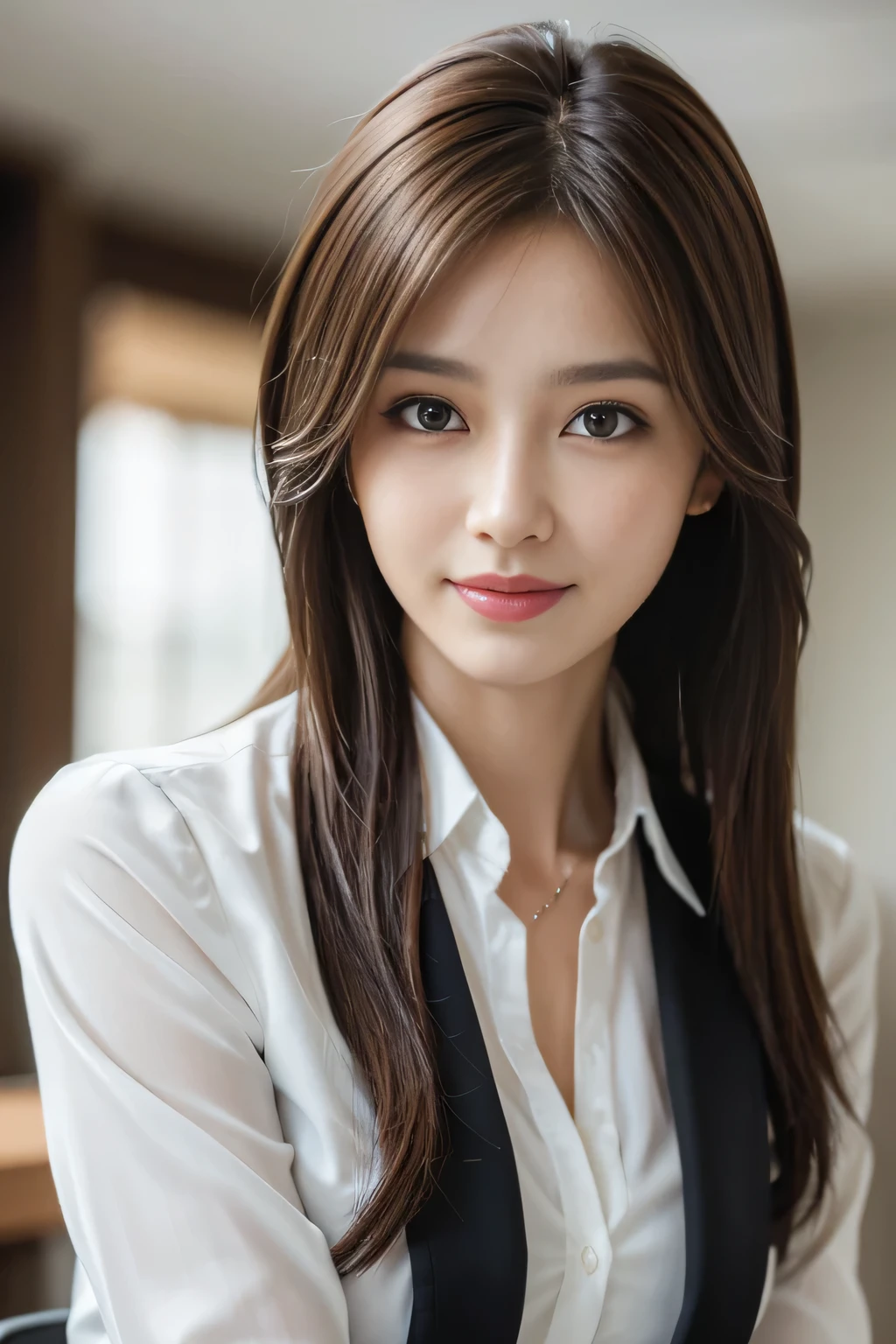 table top, highest quality, realistic, Super detailed, finely, High resolution, 8k wallpaper, 1 beautiful woman,, light brown messy hair, wearing a business suit, sharp focus, perfect dynamic composition, finelyて美しい目, thin hair, Detailed and realistic skin texture, smile, close-up portrait, model body shape