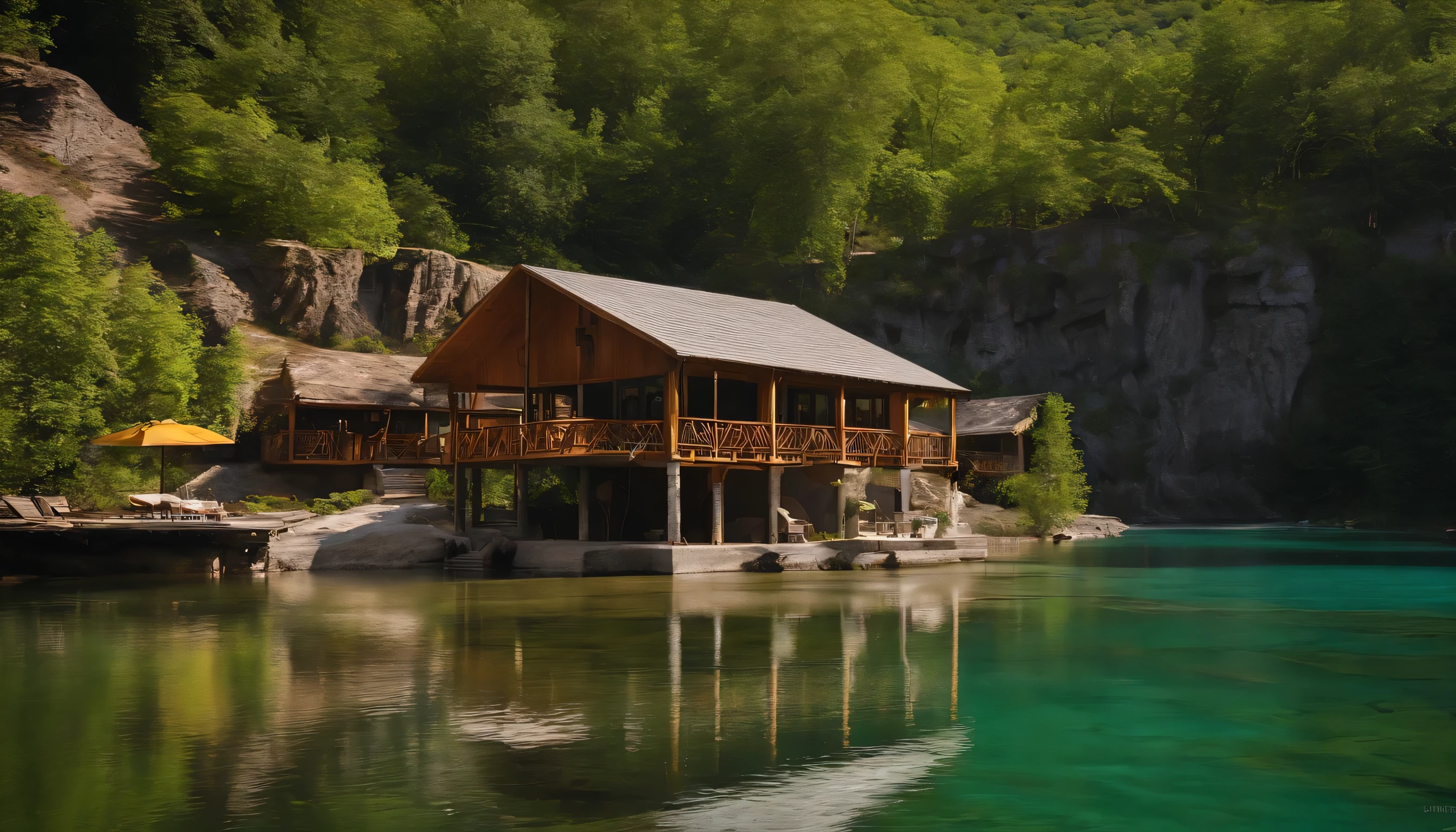 there is an inn around a crystal clear river in a quarry, there are several wooden and glass bungalows scattered around the place and a beautiful meeting point for guests. please make this very detailed!