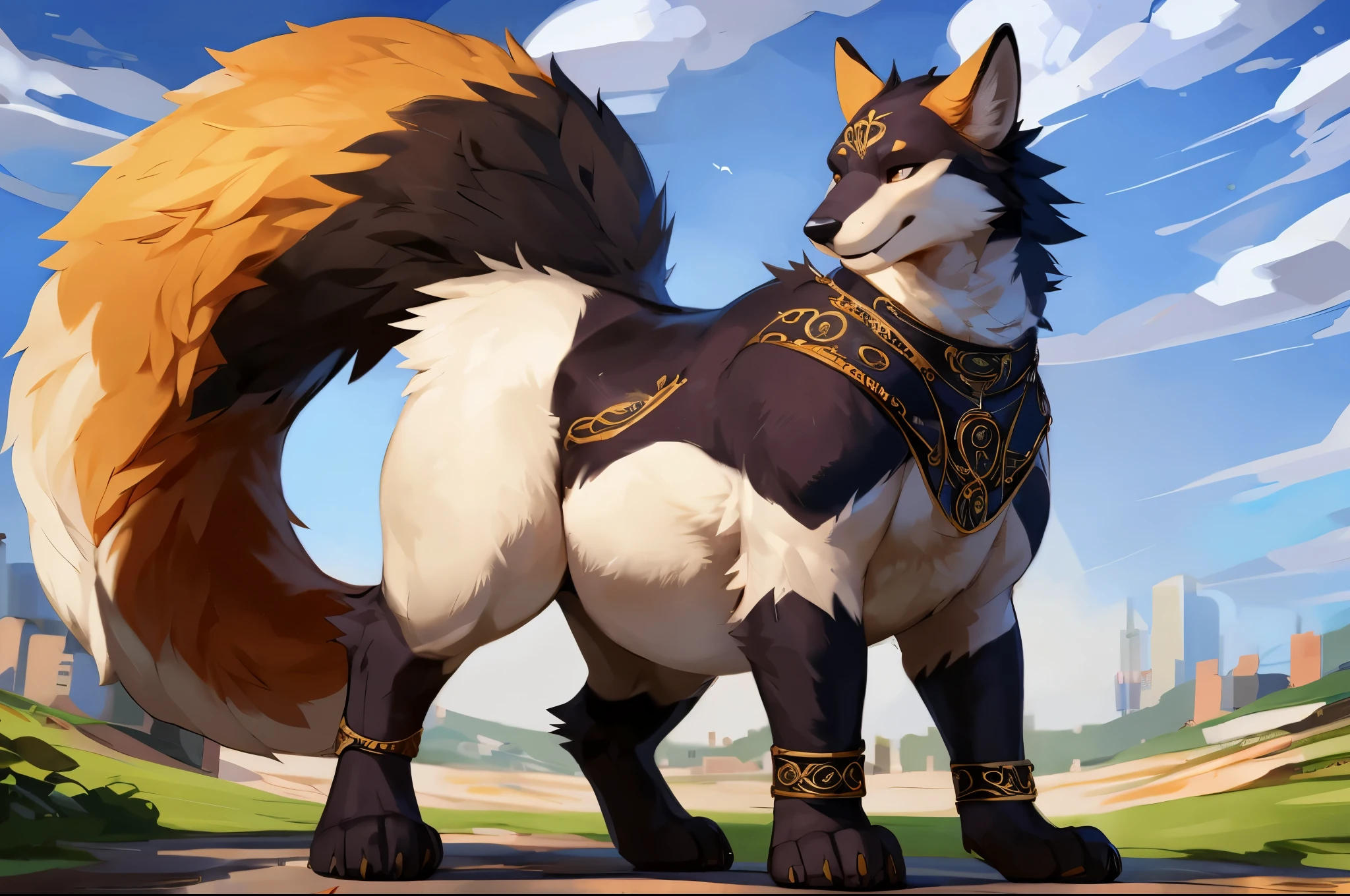 4k ultra quality, 4k full body view,(ultra high detailed body),enomorous foxtaur, detailed body,by mystikfox61, by glitter trap boy,feral paws, by bebebebebe,by morethreedee, by seibear,(choker),(thick thigh),(chubby thigh),thicc thigh,thick legs,chubby legs,thicc legs,massive butt,enomorous thigh,massive thigh,massive legs,thick lower legs,wide legs,(detailed thigh),(wide thigh),thick butt,fluffy belly,furry belly,sharp nails,((sfw)),(ultra detailed face),detailed eyes,big tail,fluffy tail,(detailed tail),enomorous tail,bigger tail,huge tail,volumetric light,taur,bigger taur body,big lower belly,big paws,(thick paws),fluffy paws,furry paws,enomorous paws,animal focus,(legendary beast),standing,(bigger lower body),strong lower body,(long legs),front view,golden bracelet,leather ornate belt,ornate necklace,macro,giga,immobile belly