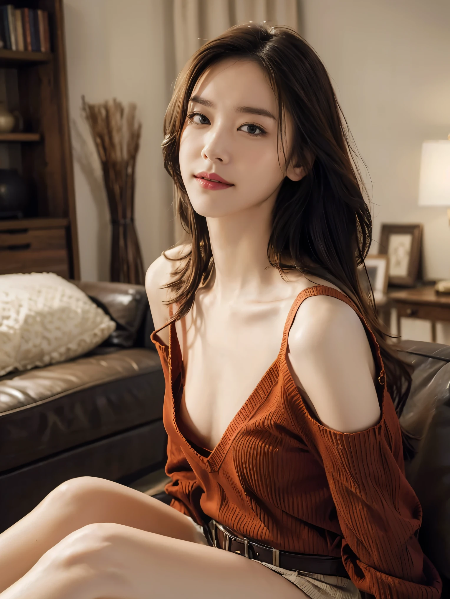 ((Best quality, 8k, RAW photo, Masterpiece :1.3)), (realistic、Photoreal:1.37)、Super detailed、super high resolution, (professional lighting), alone, 1 woman, solo, see the beholder, (30 years old), beautiful and detailed face, happy smile, narrow, shining eyes, (slim waist :1.3), Fine and beautiful skin, skin texture, professional lighting, as a whole human body, (long straight hair, brack hair), (windy:1.3), (floating hair:1.3), (vivid red v-neck sweater, cleavage cutout :1.2), (covered nipples:0.5), (flat chest:1.5), living room, Sitting on a chair, flat chest, flat chest, towards the camera, close up of face,